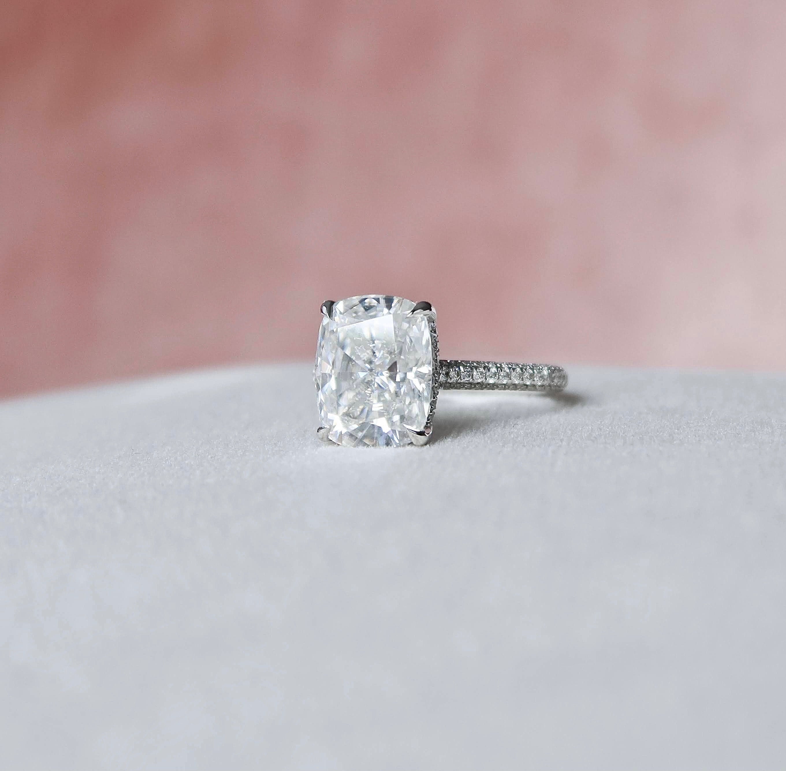 6.0CT Cathedral Set Elongated Cushion Moissanite Diamond Hidden Halo Engagement Ring
