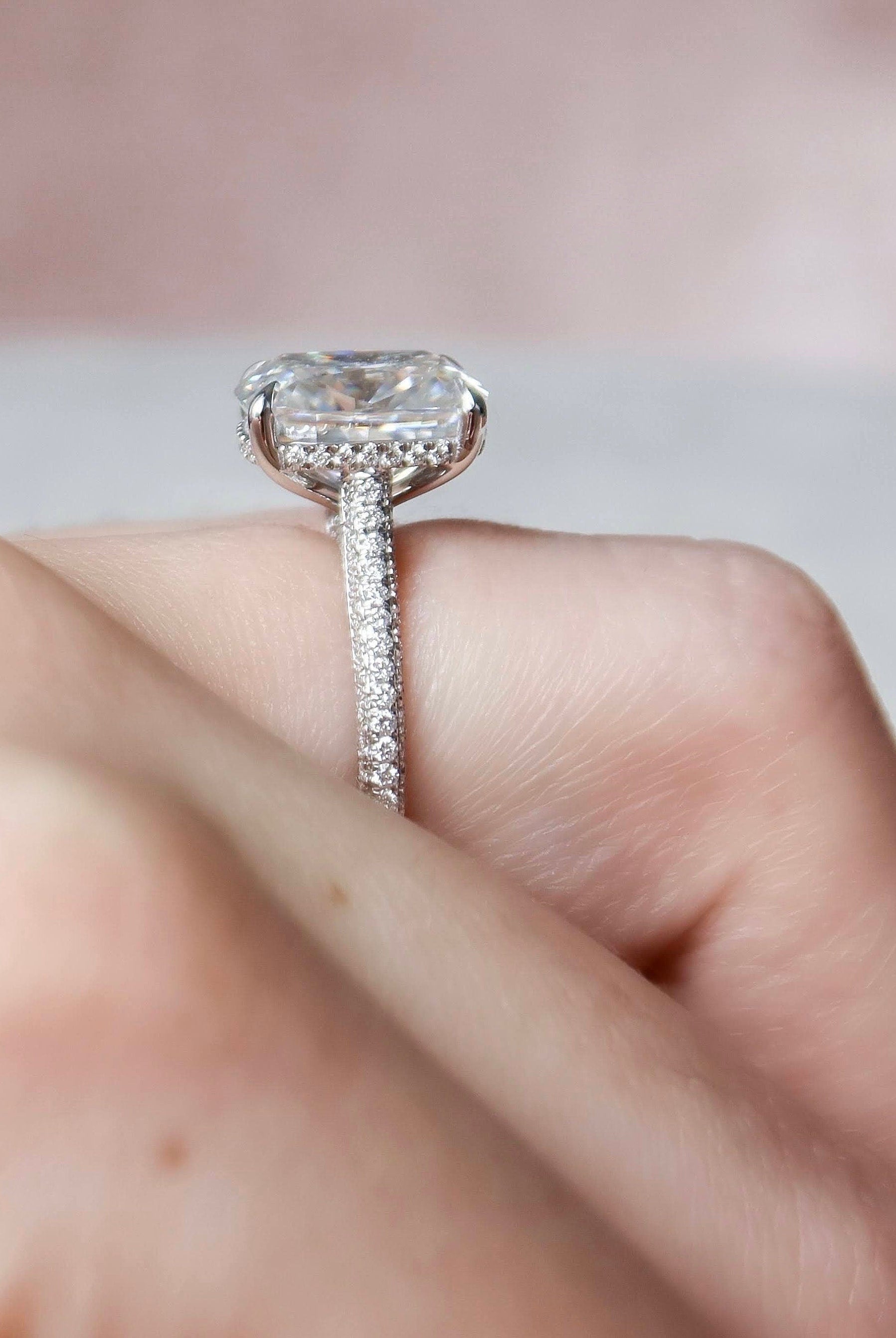 6.0CT Cathedral Set Elongated Cushion Moissanite Diamond Hidden Halo Engagement Ring