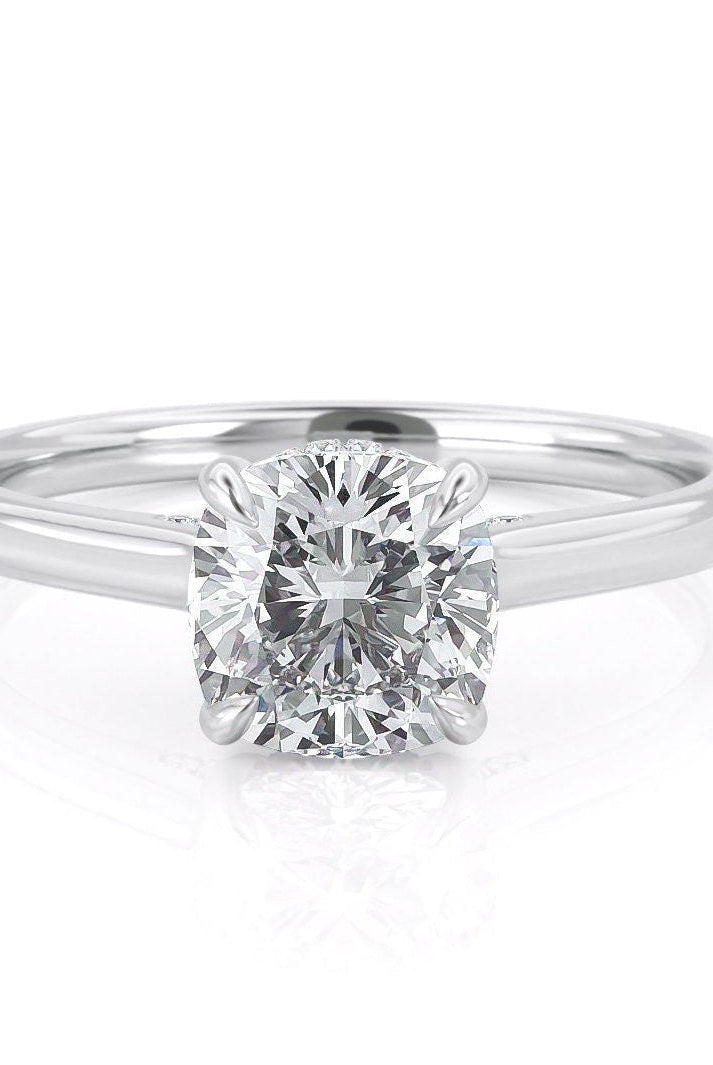 2.0CT Cushion Hidden Halo Moissanite Diamond Solitaire Engagement Ring