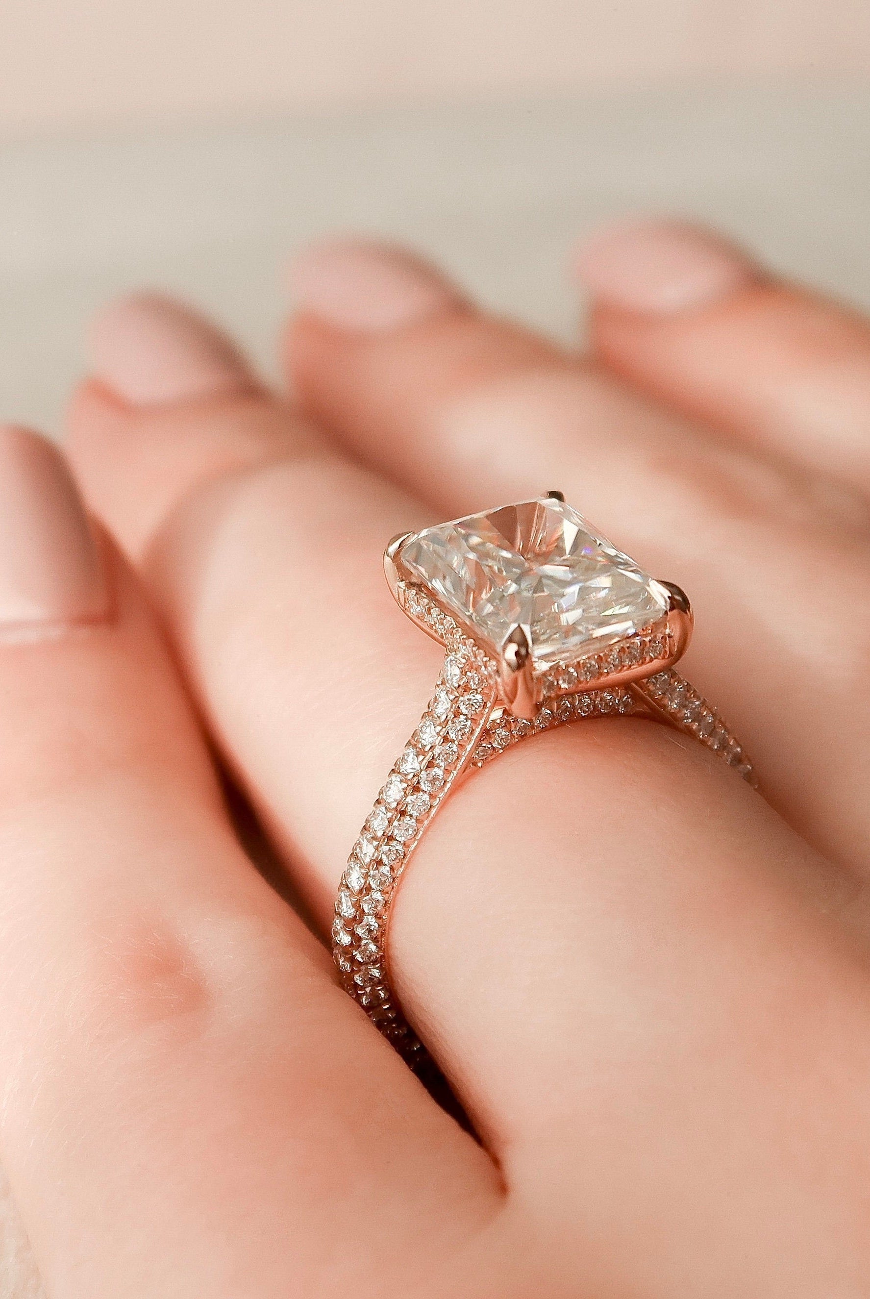 5.50CT Radiant Three Sided Pave Moissanite Diamond Hidden Halo Engagement Ring