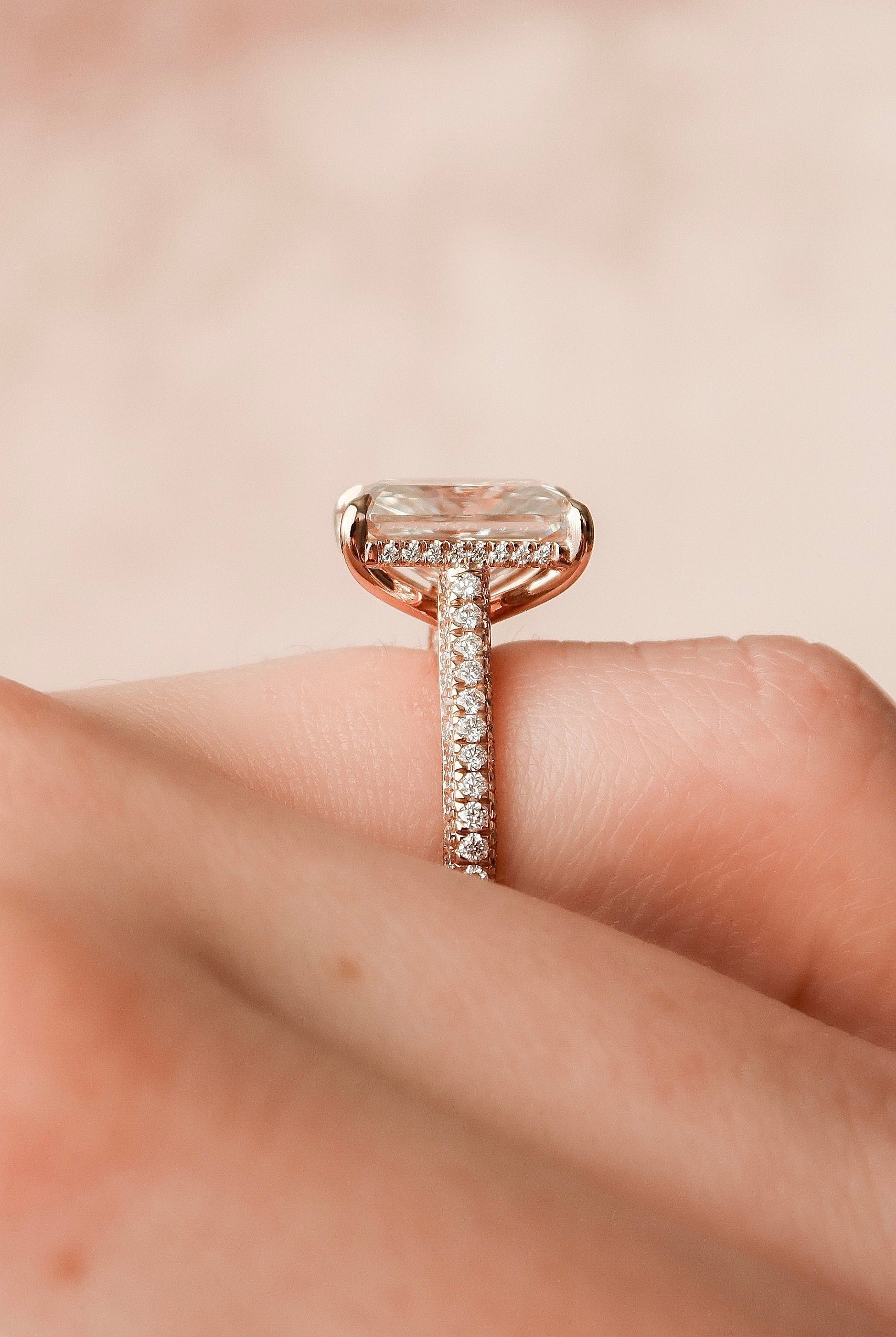 5.50CT Radiant Three Sided Pave Moissanite Diamond Hidden Halo Engagement Ring