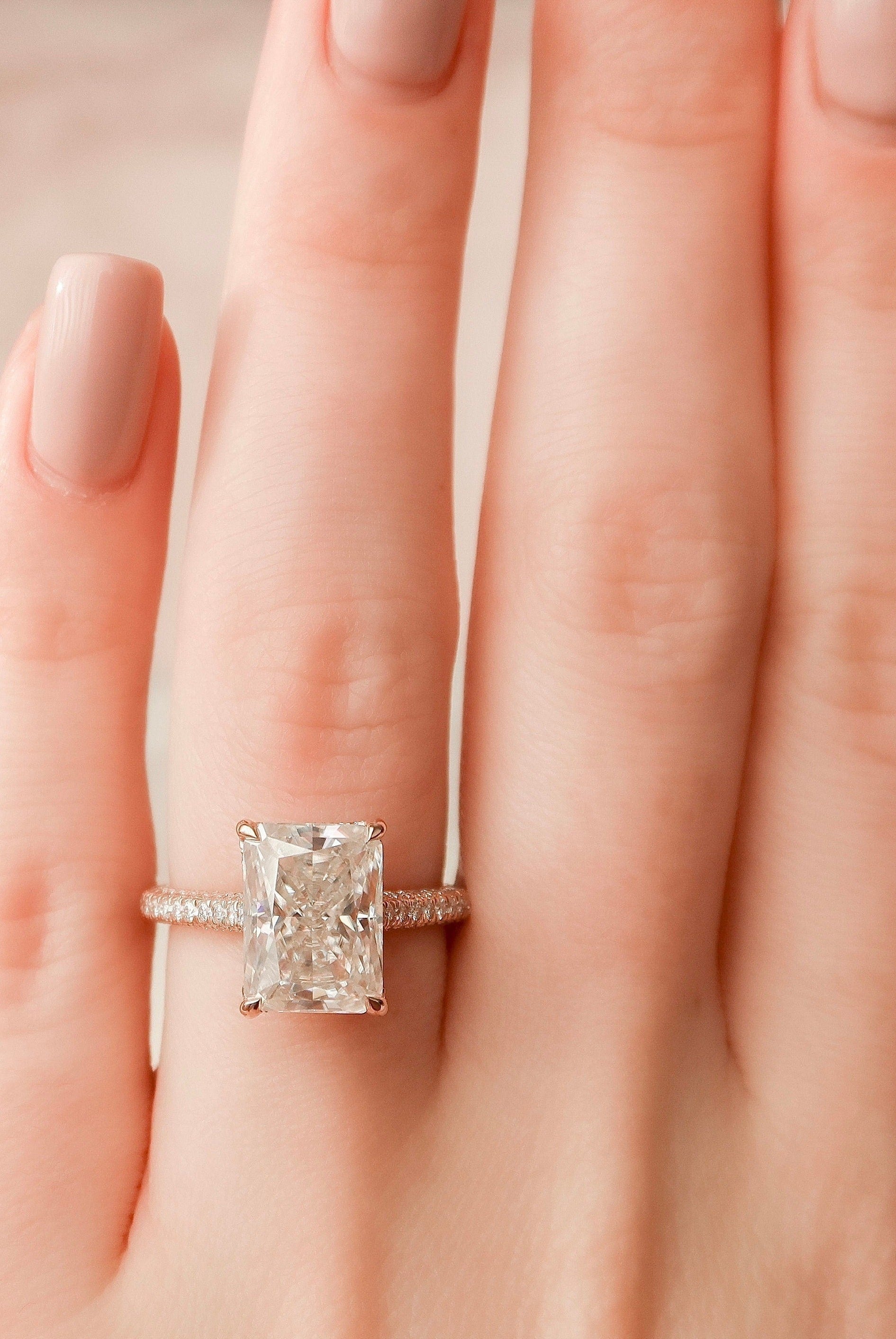 5.50CT Radiant Three Sided Pave Moissanite Diamond Hidden Halo Engagement Ring