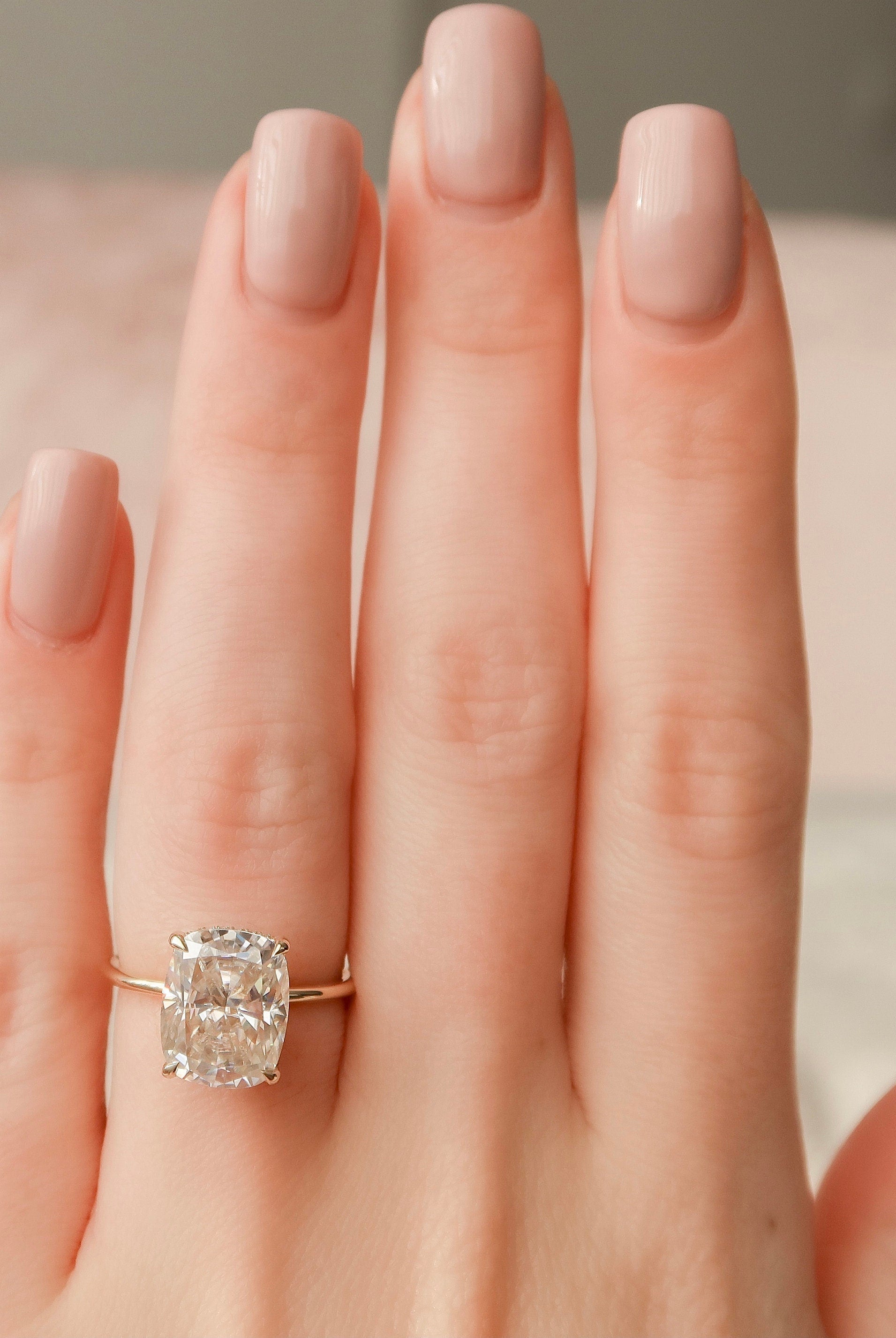 6.0CT Elongated Cushion Hidden Halo Moissanite Diamond Solitaire Engagement Ring