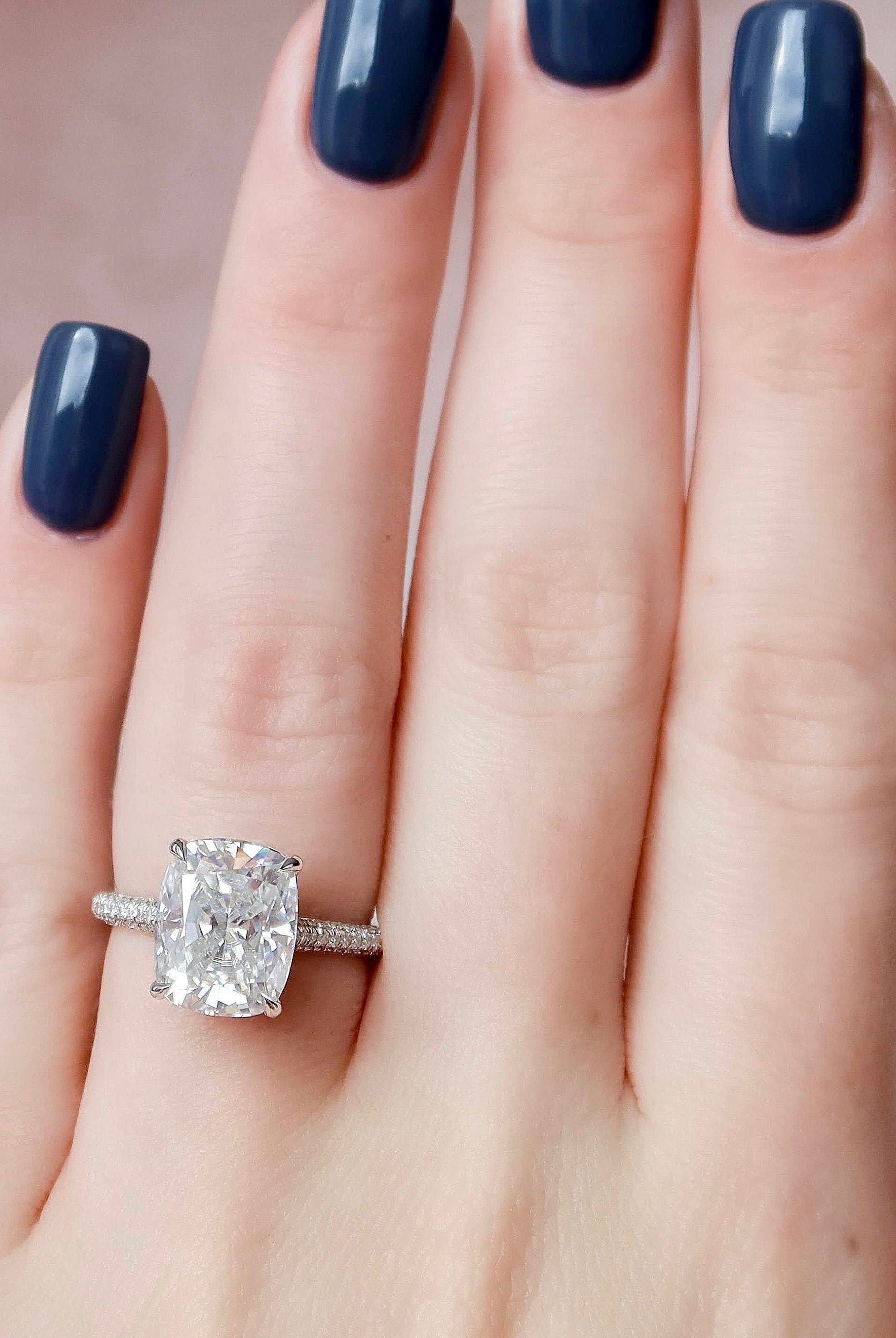 6.0CT Cathedral Set Elongated Cushion Moissanite Diamond Hidden Halo Engagement Ring