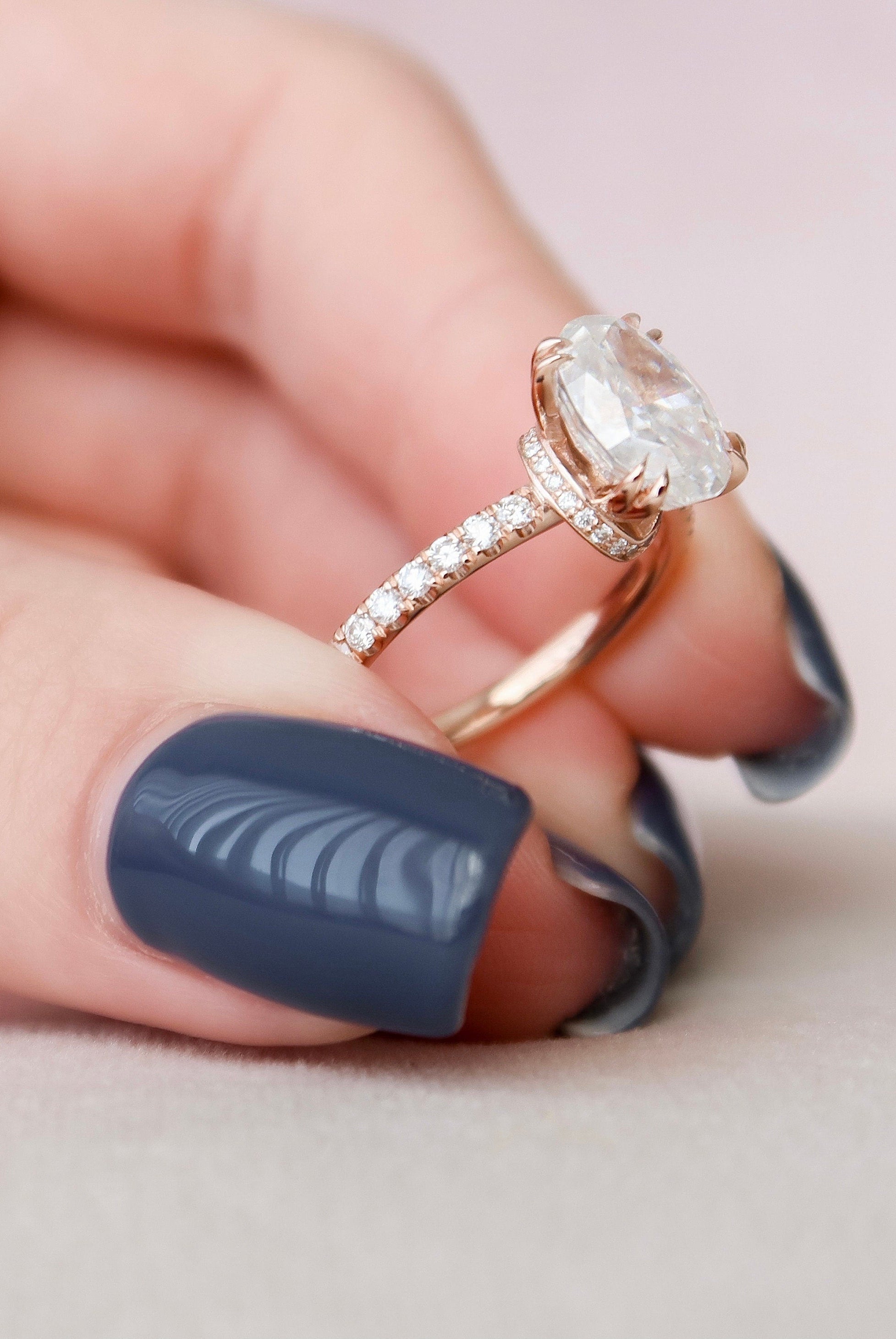 2.0CT Oval Pave Moissanite Diamond Unique Hidden Halo Engagement Ring For Women