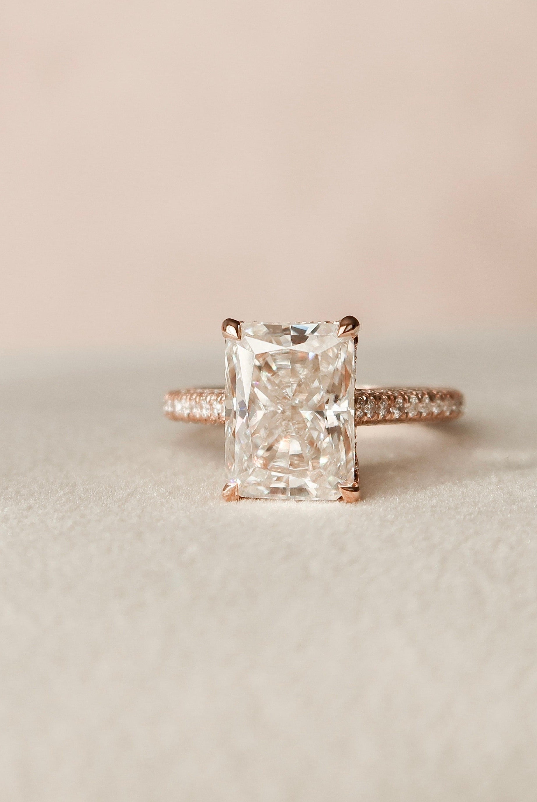 5.50CT Radiant Three Sided Pave Moissanite Diamond Hidden Halo Engagement Ring