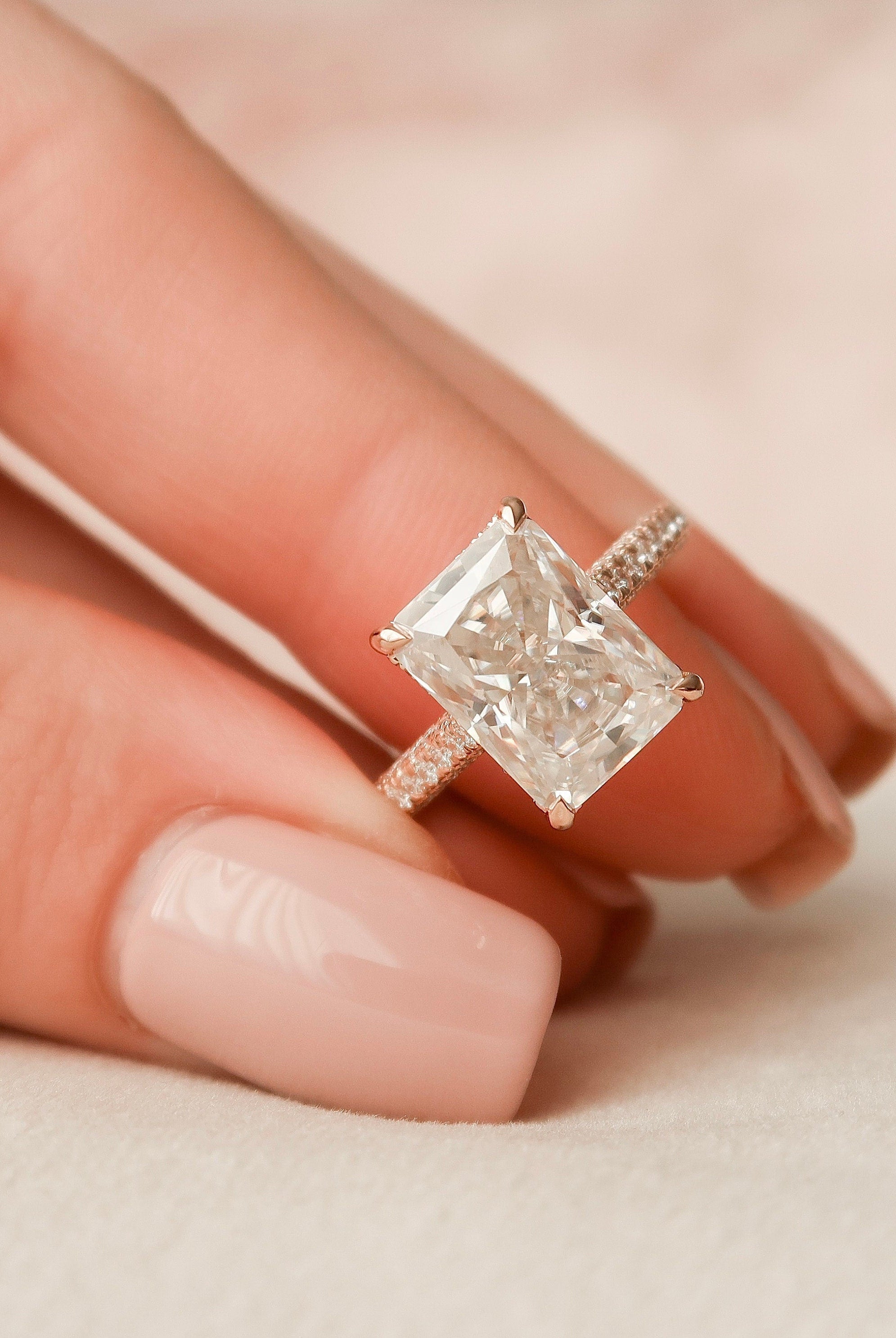 5.50CT Radiant Three Sided Pave Moissanite Diamond Hidden Halo Engagement Ring