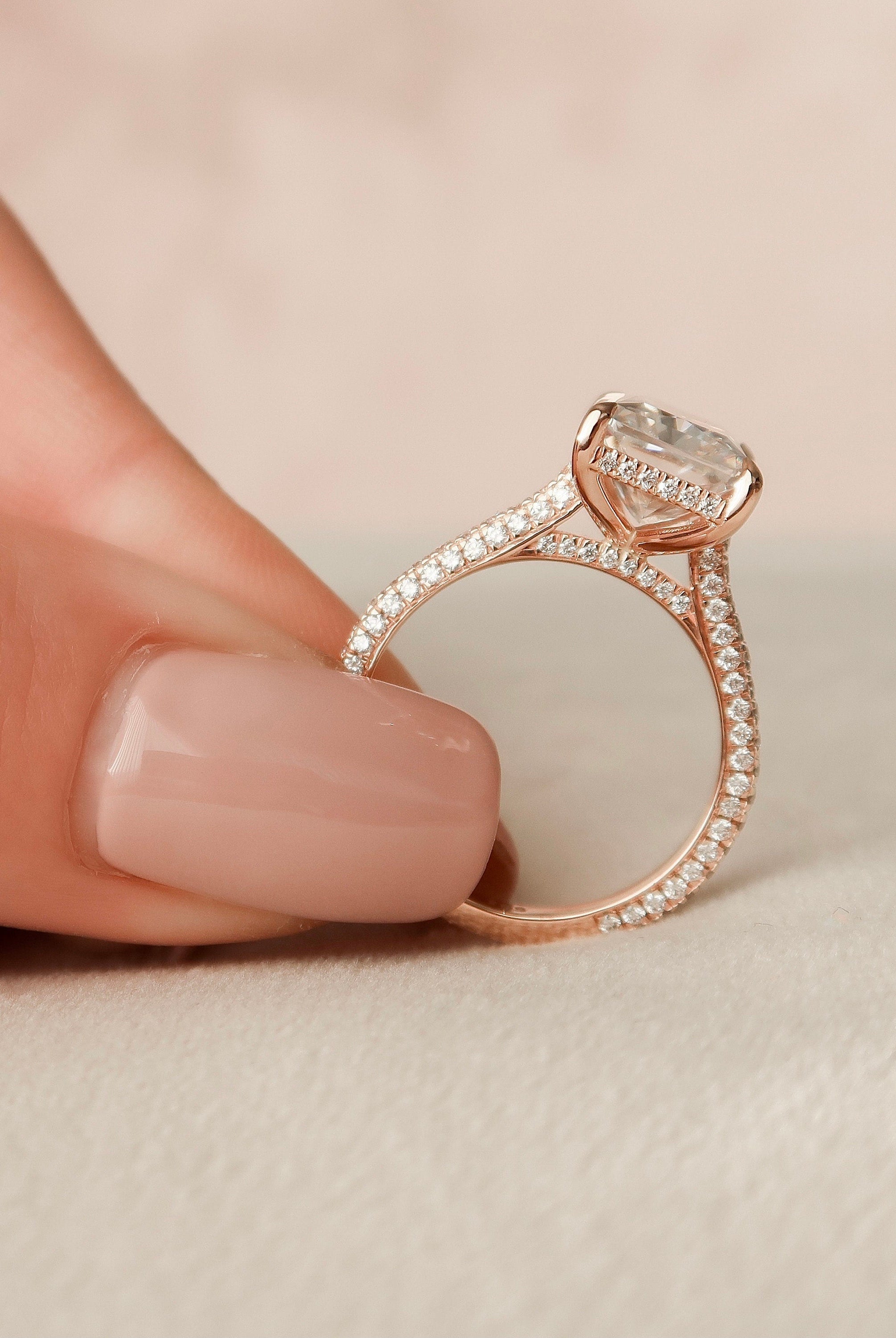 5.50CT Radiant Three Sided Pave Moissanite Diamond Hidden Halo Engagement Ring