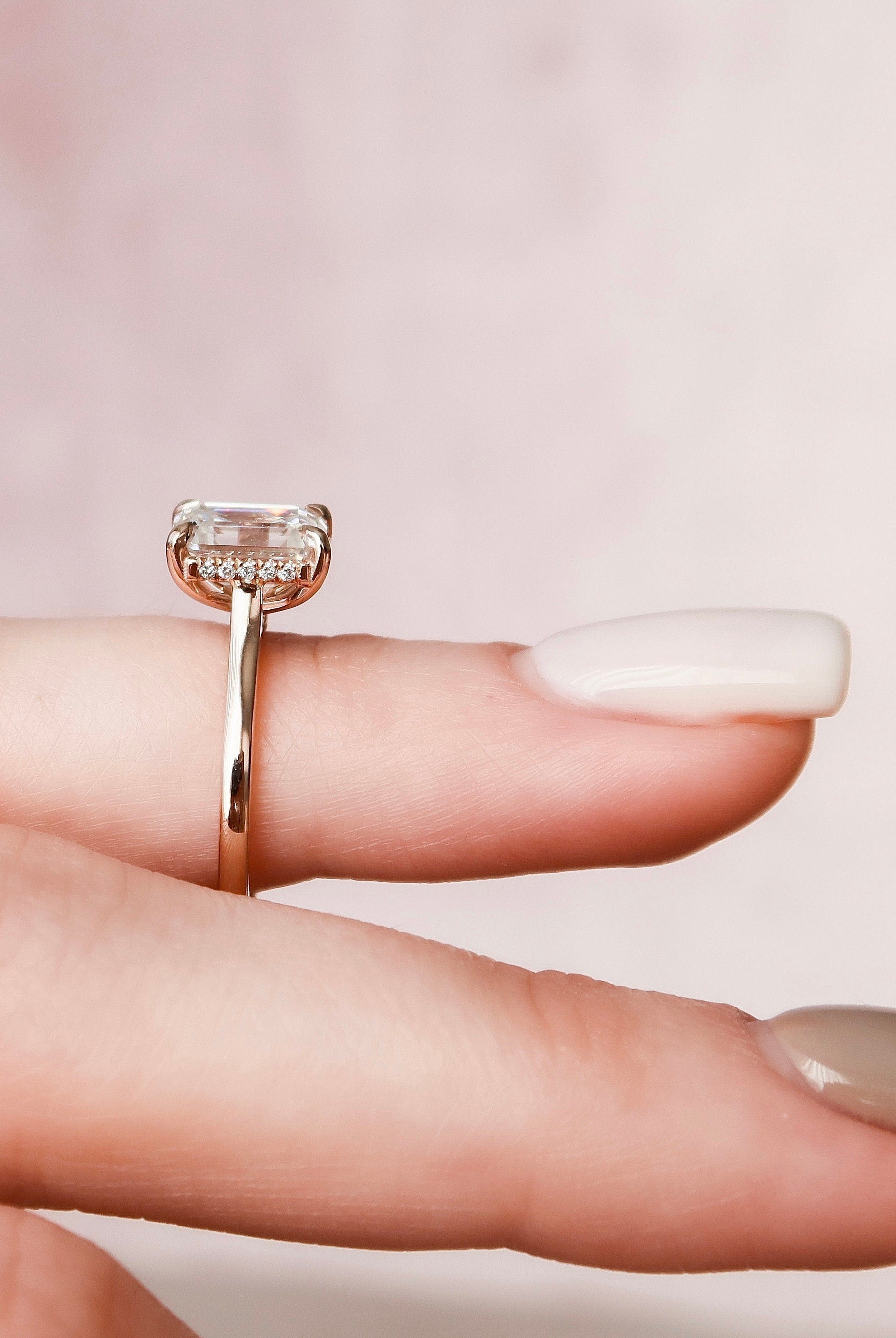 1.50CT Emerald Cut Hidden Halo Moissanite Diamond Cathedral Set Engagement Ring