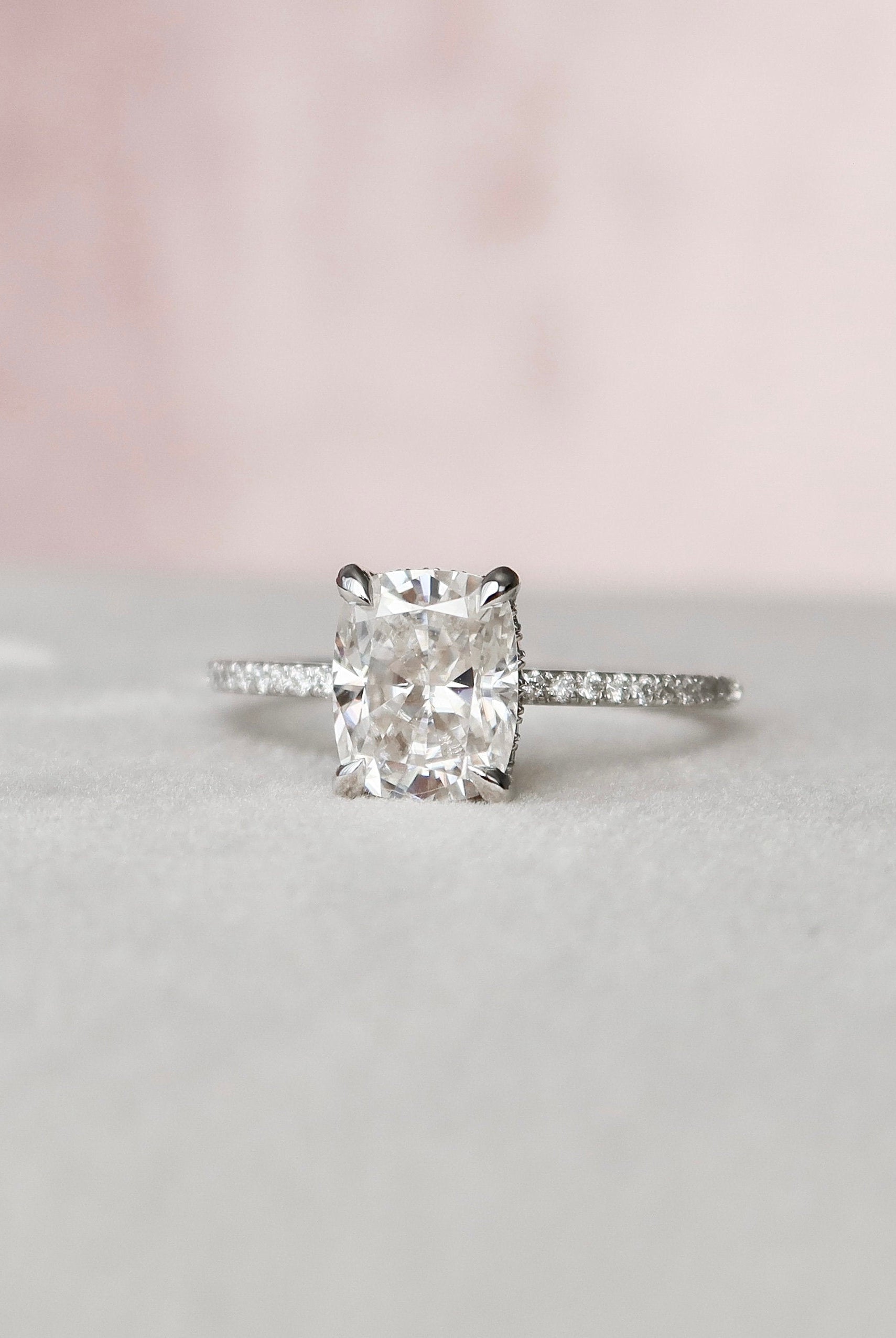 2.50CT Elongated Cushion Hidden Halo Moissanite Diamond Pave Engagement Ring