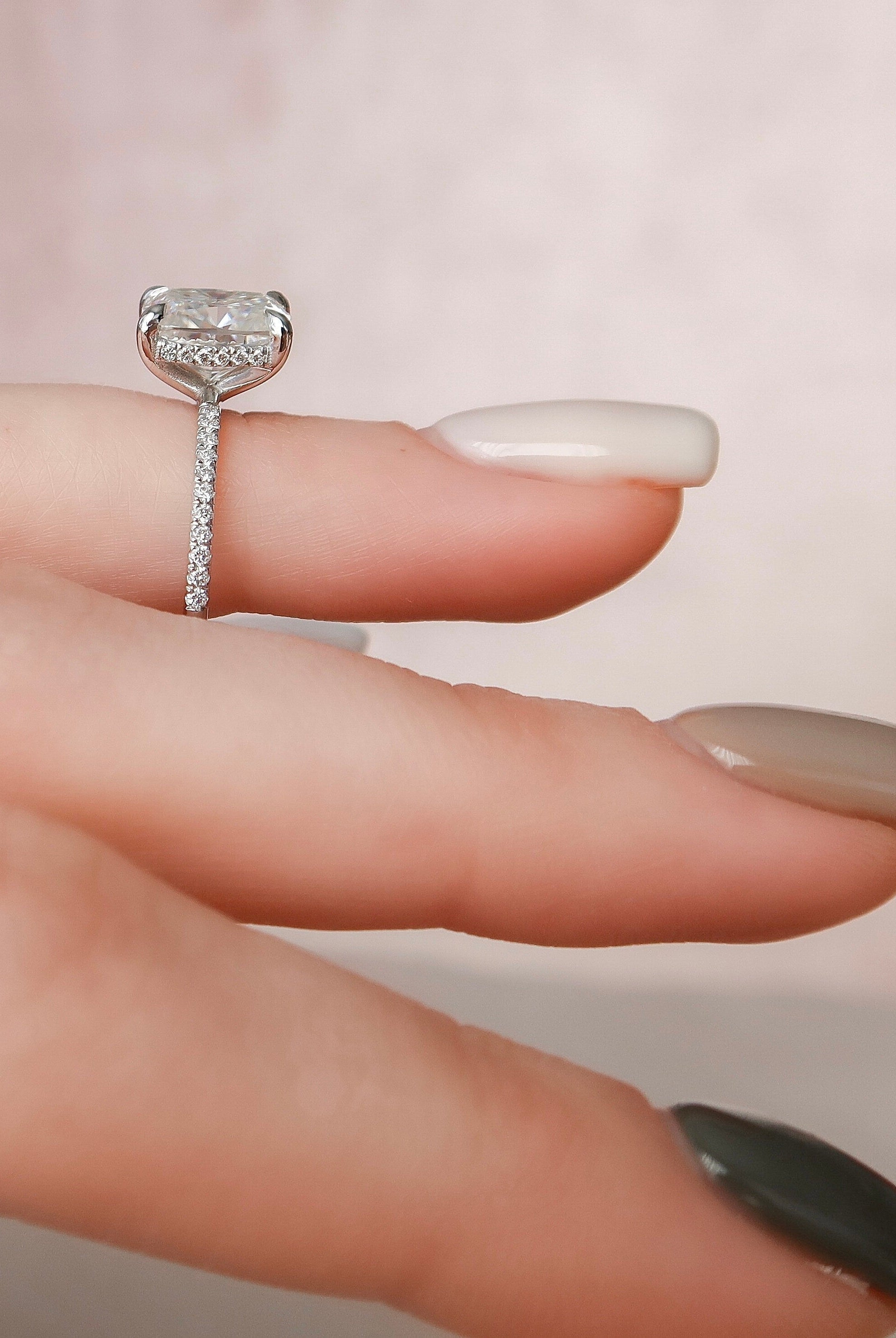 2.50CT Elongated Cushion Hidden Halo Moissanite Diamond Pave Engagement Ring