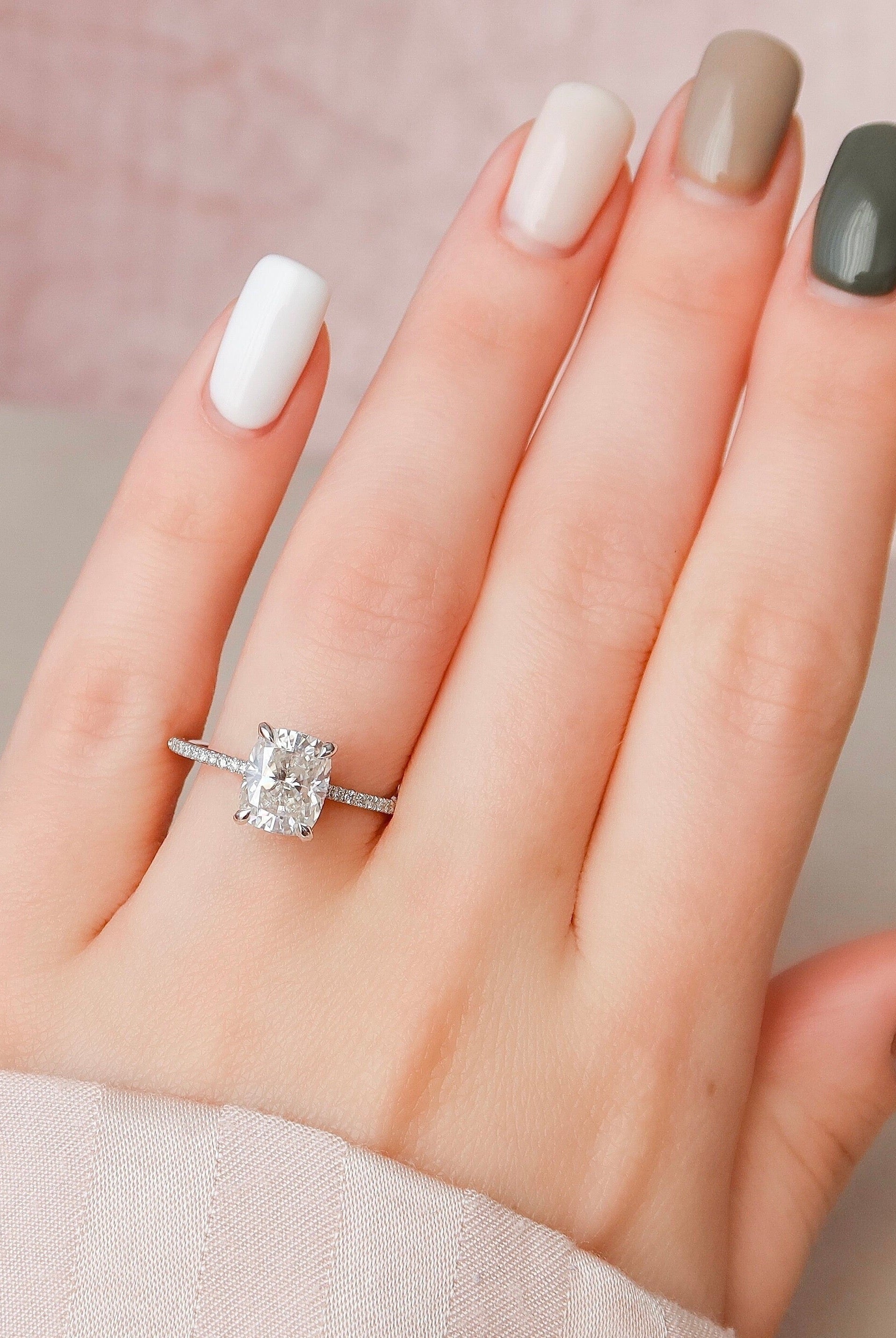 2.50CT Elongated Cushion Hidden Halo Moissanite Diamond Pave Engagement Ring