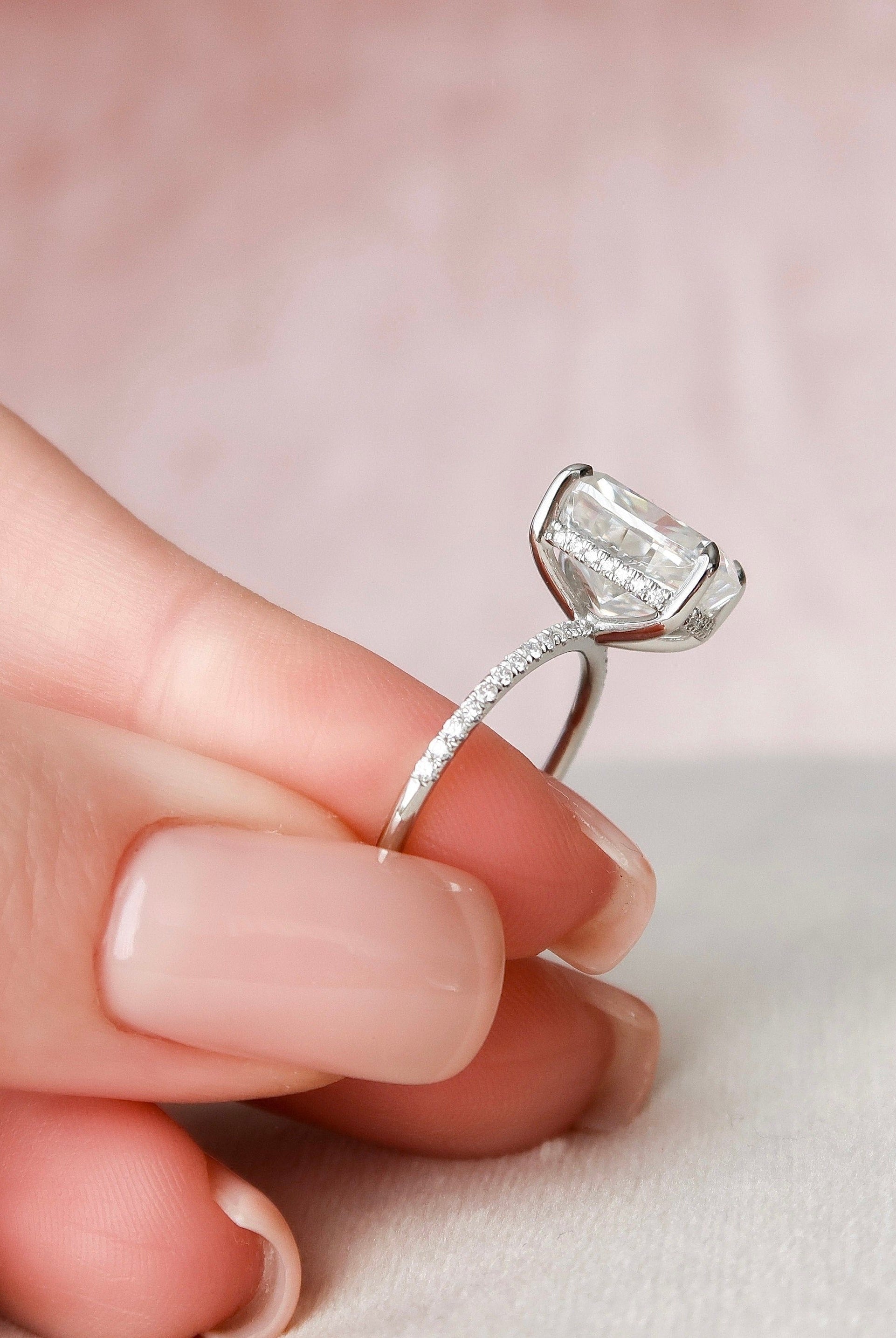 3.0CT Elongated Cushion Pave Moissanite Diamond Hidden Halo Engagement Ring