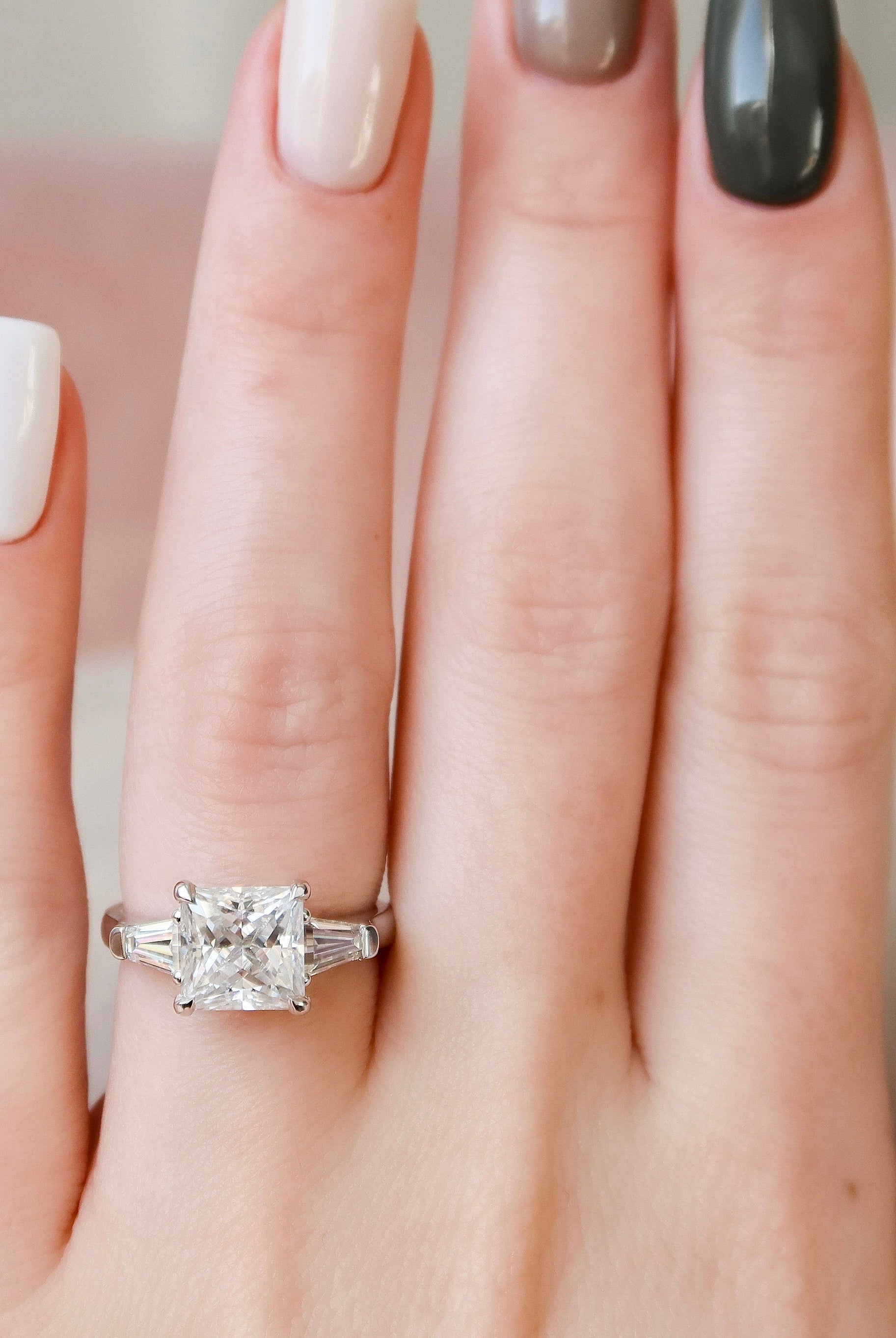 3.0CT Princess Cut Moissanite Diamond Three Stone Engagement Ring