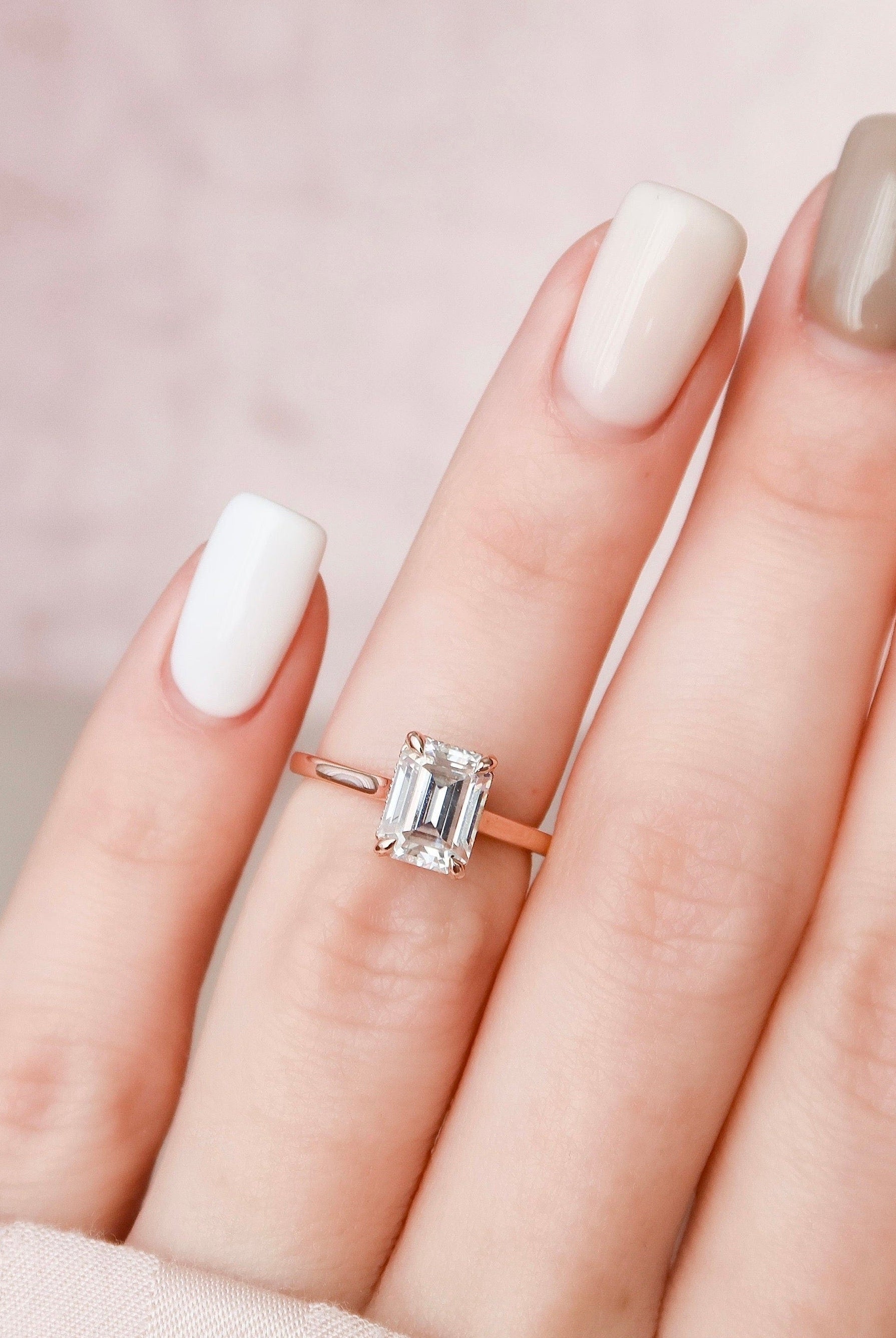 1.50CT Emerald Cut Hidden Halo Moissanite Diamond Cathedral Set Engagement Ring