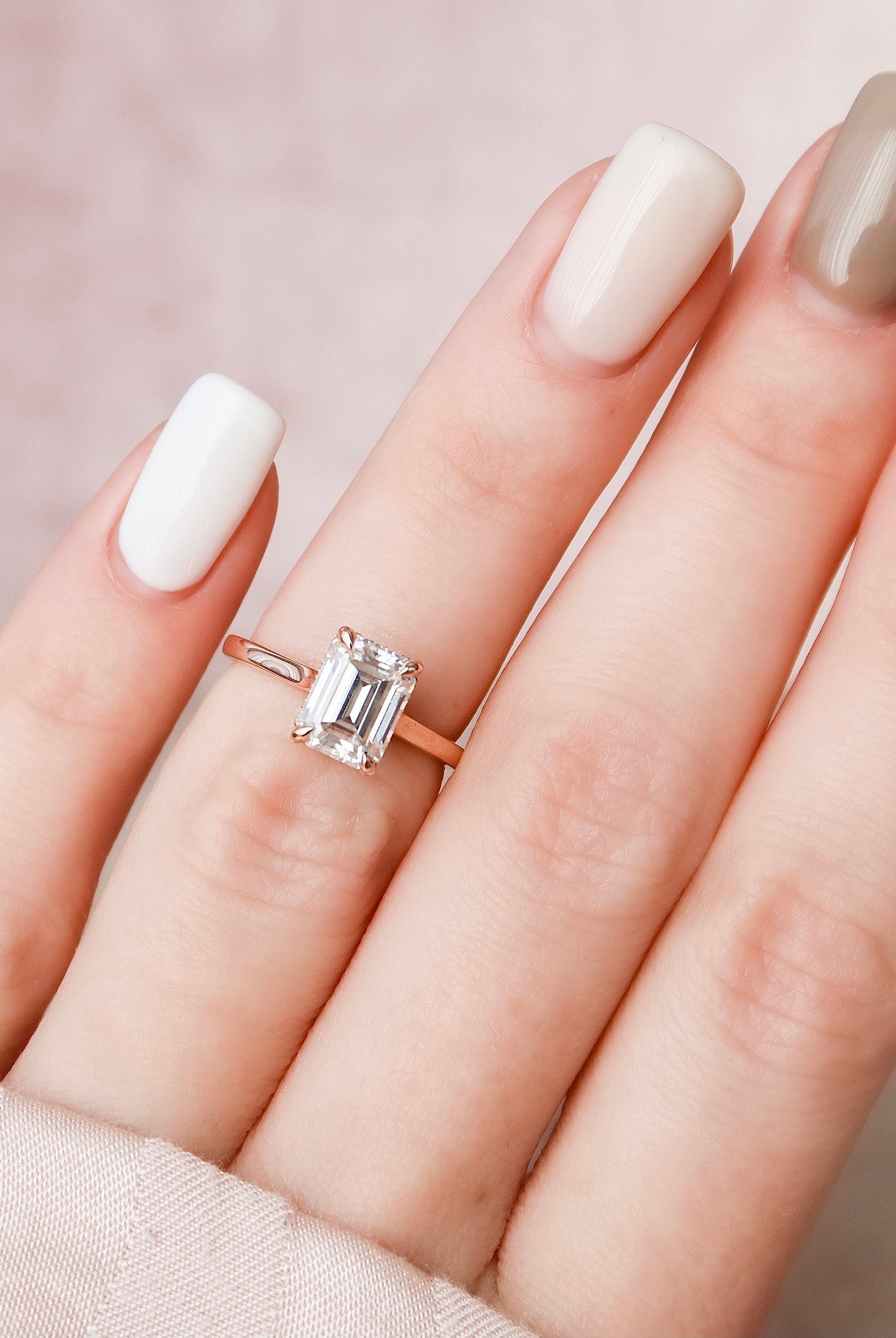 1.50CT Emerald Cut Hidden Halo Moissanite Diamond Cathedral Set Engagement Ring