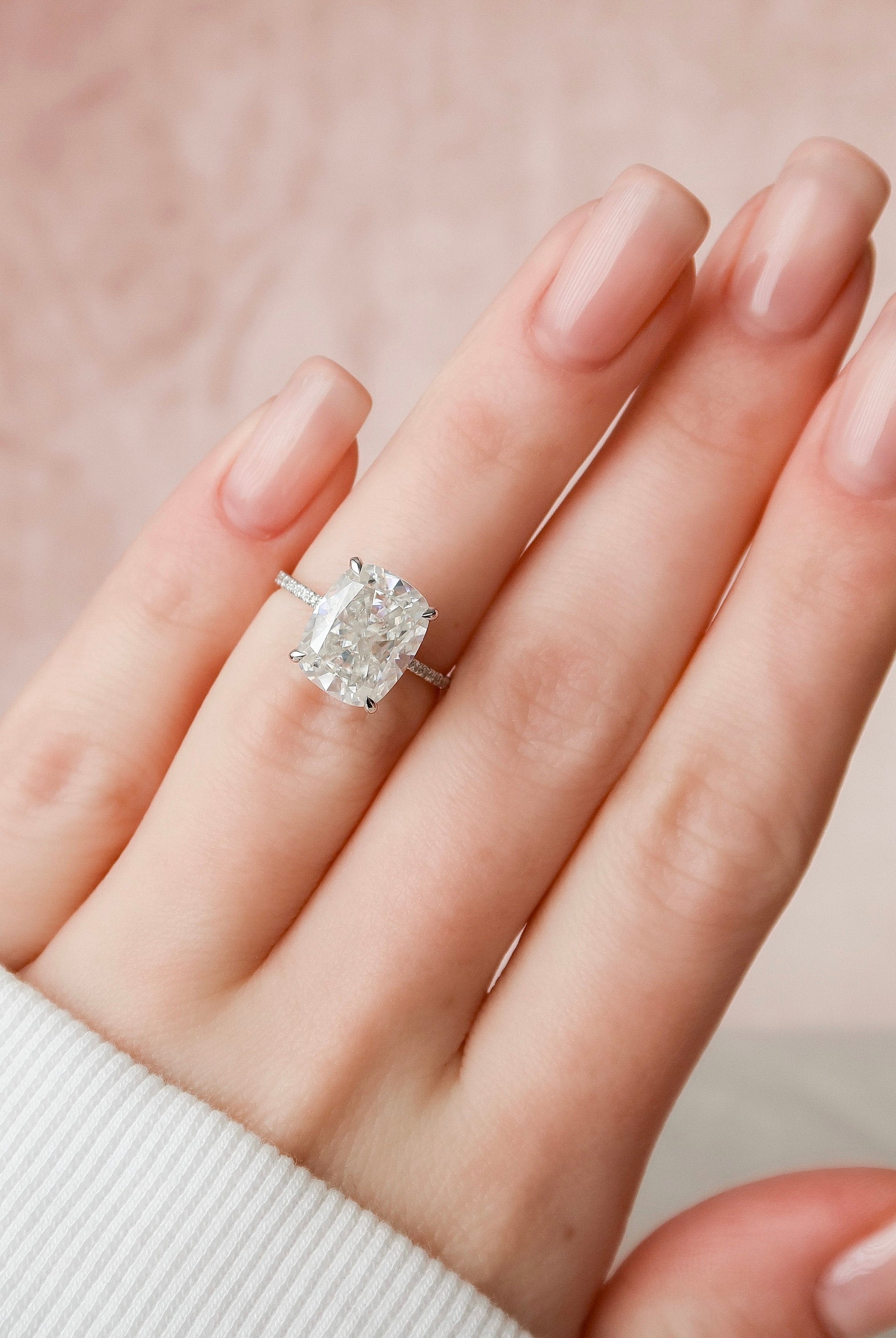 3.0CT Elongated Cushion Pave Moissanite Diamond Hidden Halo Engagement Ring