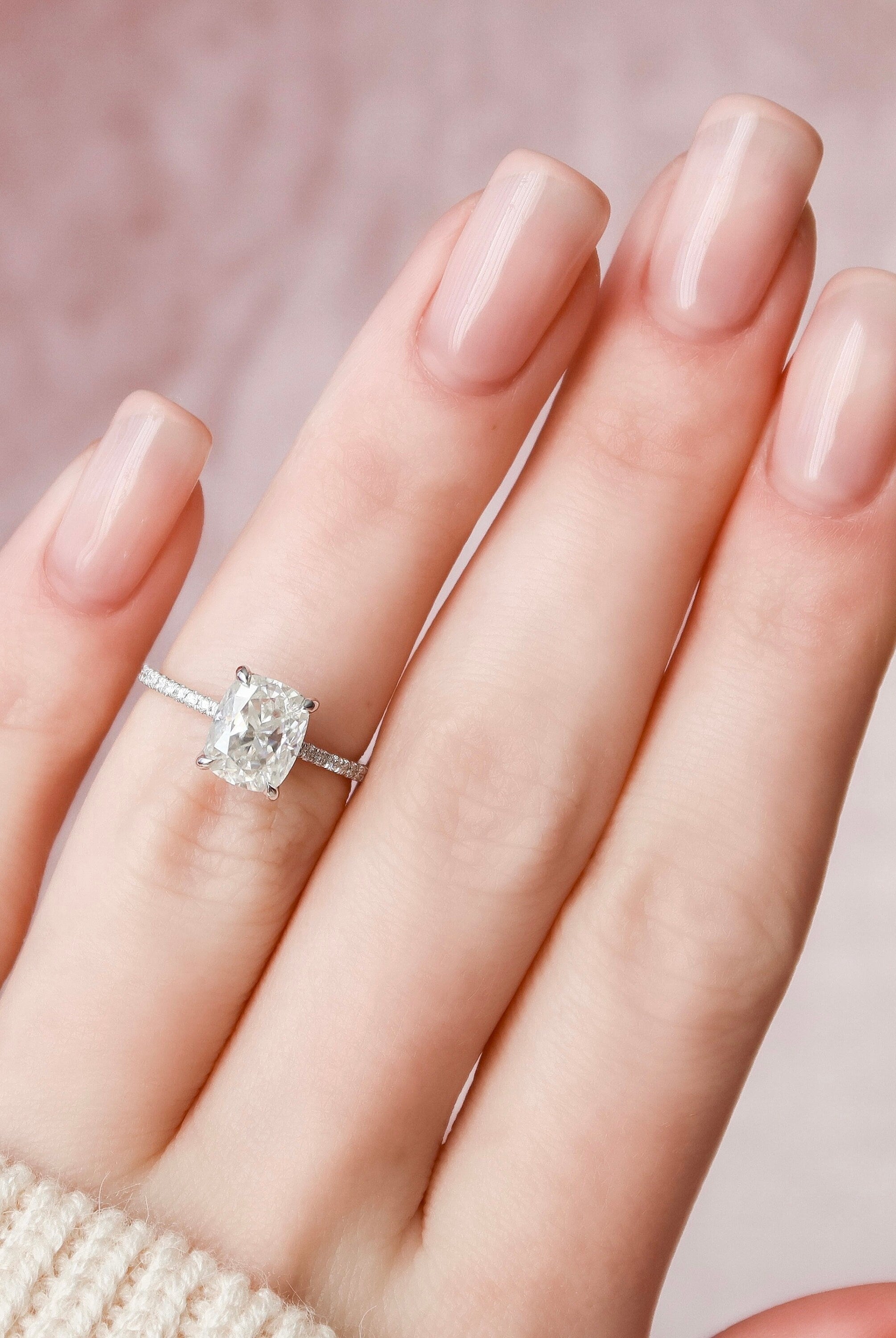2.0CT Elongated Cushion Pave Moissanite Diamond Hidden Halo Engagement Ring