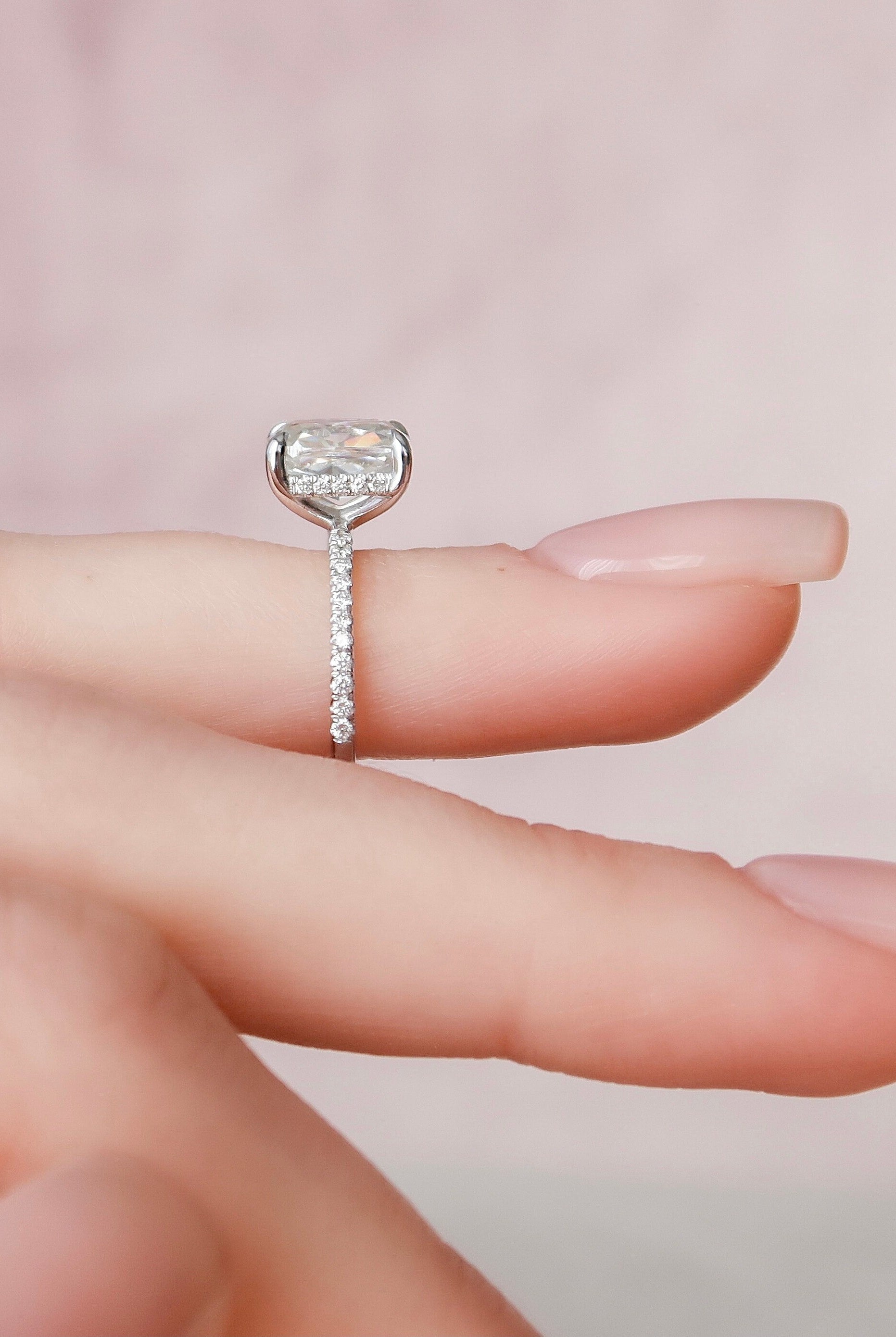 2.0CT Elongated Cushion Pave Moissanite Diamond Hidden Halo Engagement Ring