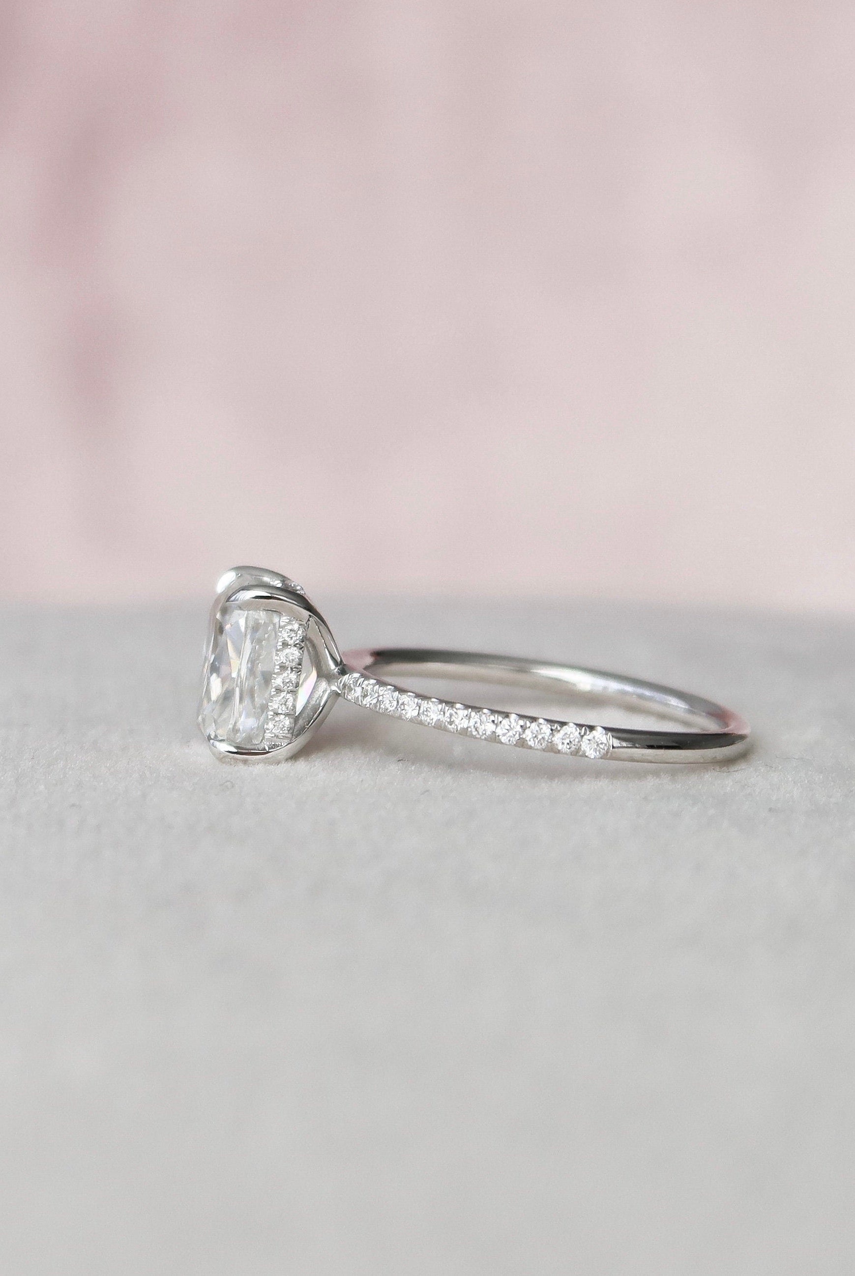 2.0CT Elongated Cushion Pave Moissanite Diamond Hidden Halo Engagement Ring