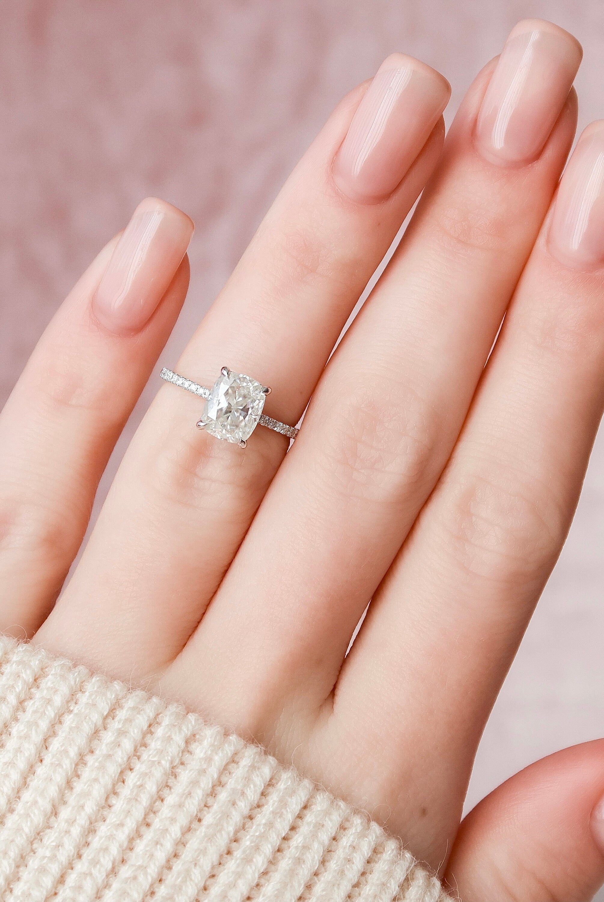 2.0CT Elongated Cushion Pave Moissanite Diamond Hidden Halo Engagement Ring