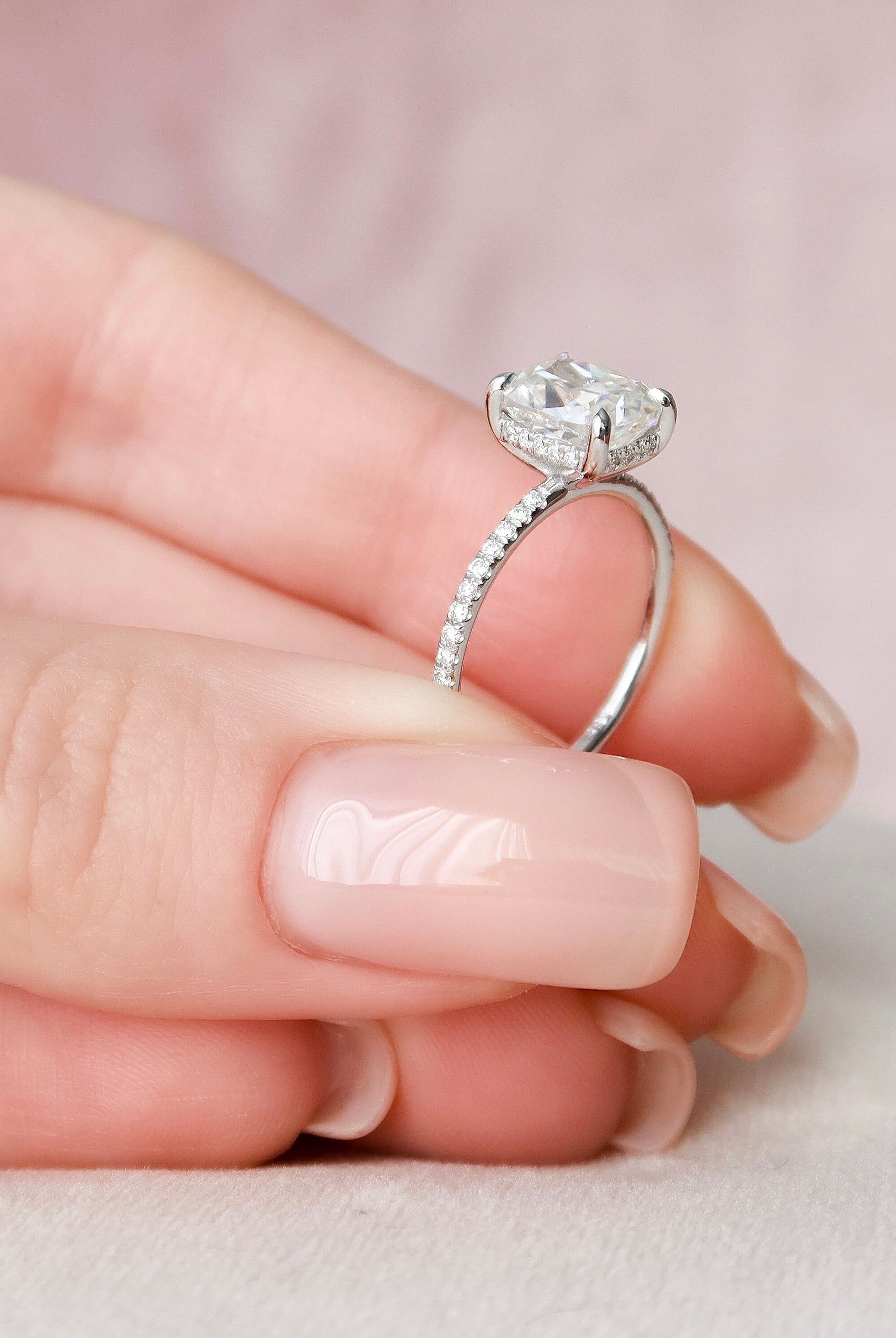 2.0CT Elongated Cushion Pave Moissanite Diamond Hidden Halo Engagement Ring