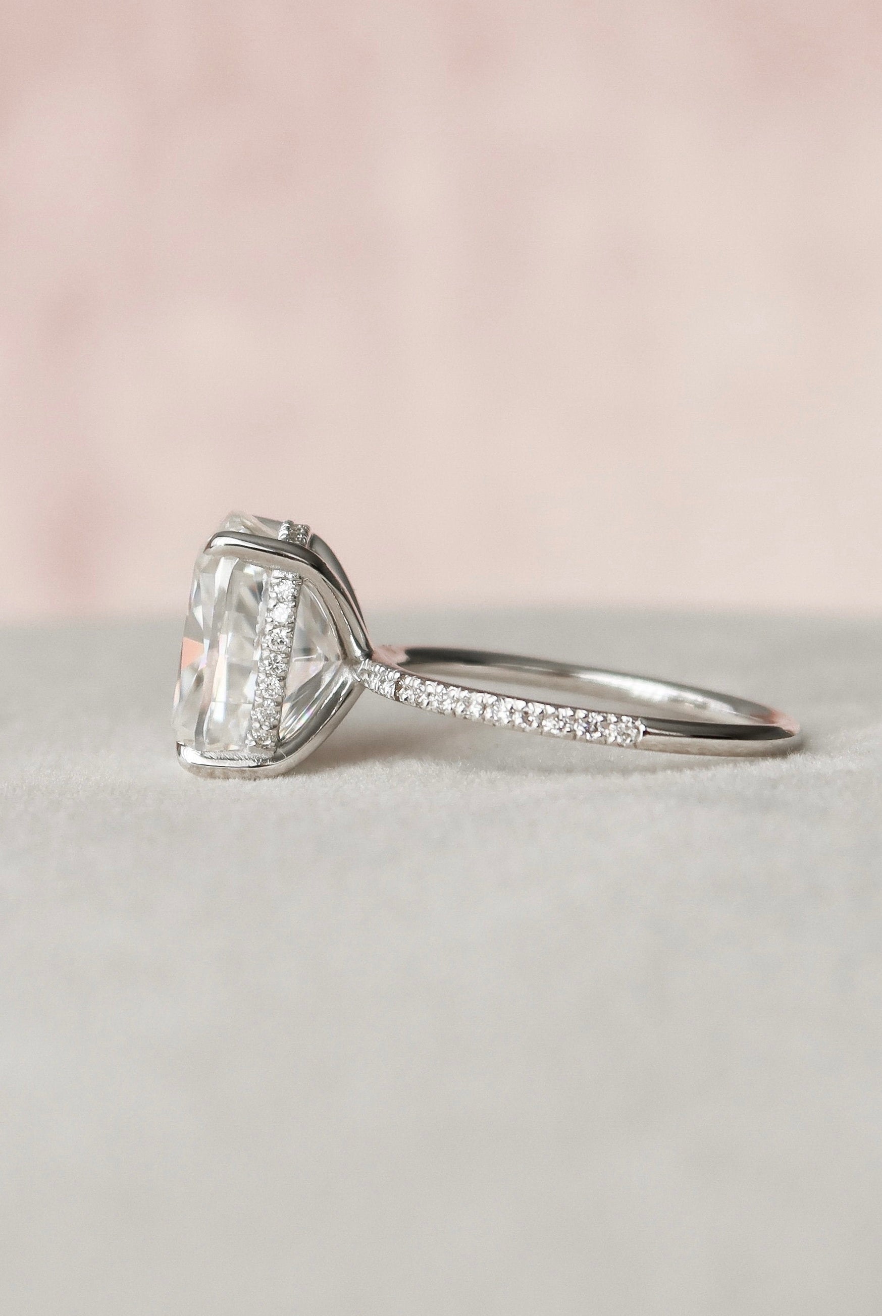 3.0CT Elongated Cushion Pave Moissanite Diamond Hidden Halo Engagement Ring