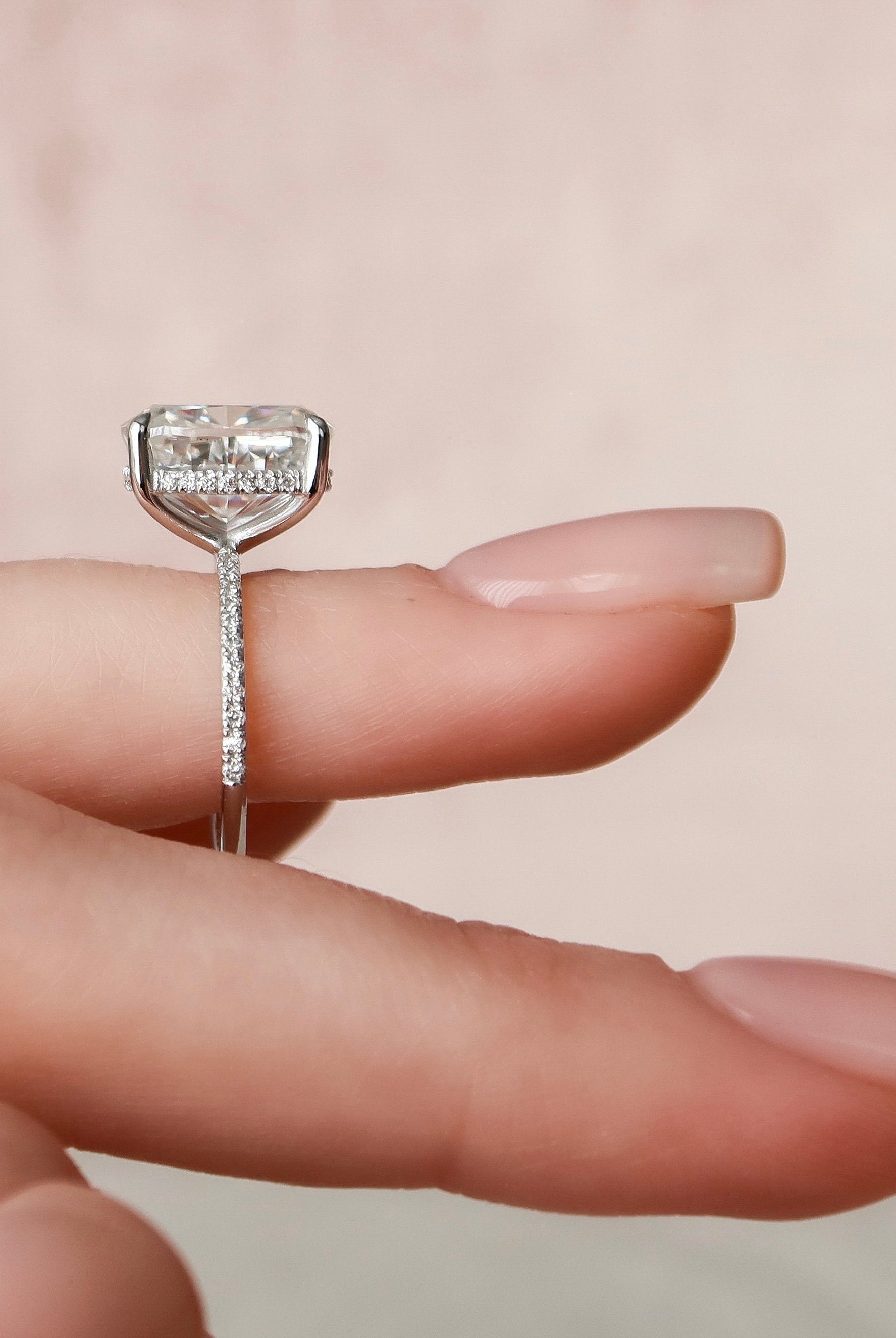3.0CT Elongated Cushion Pave Moissanite Diamond Hidden Halo Engagement Ring