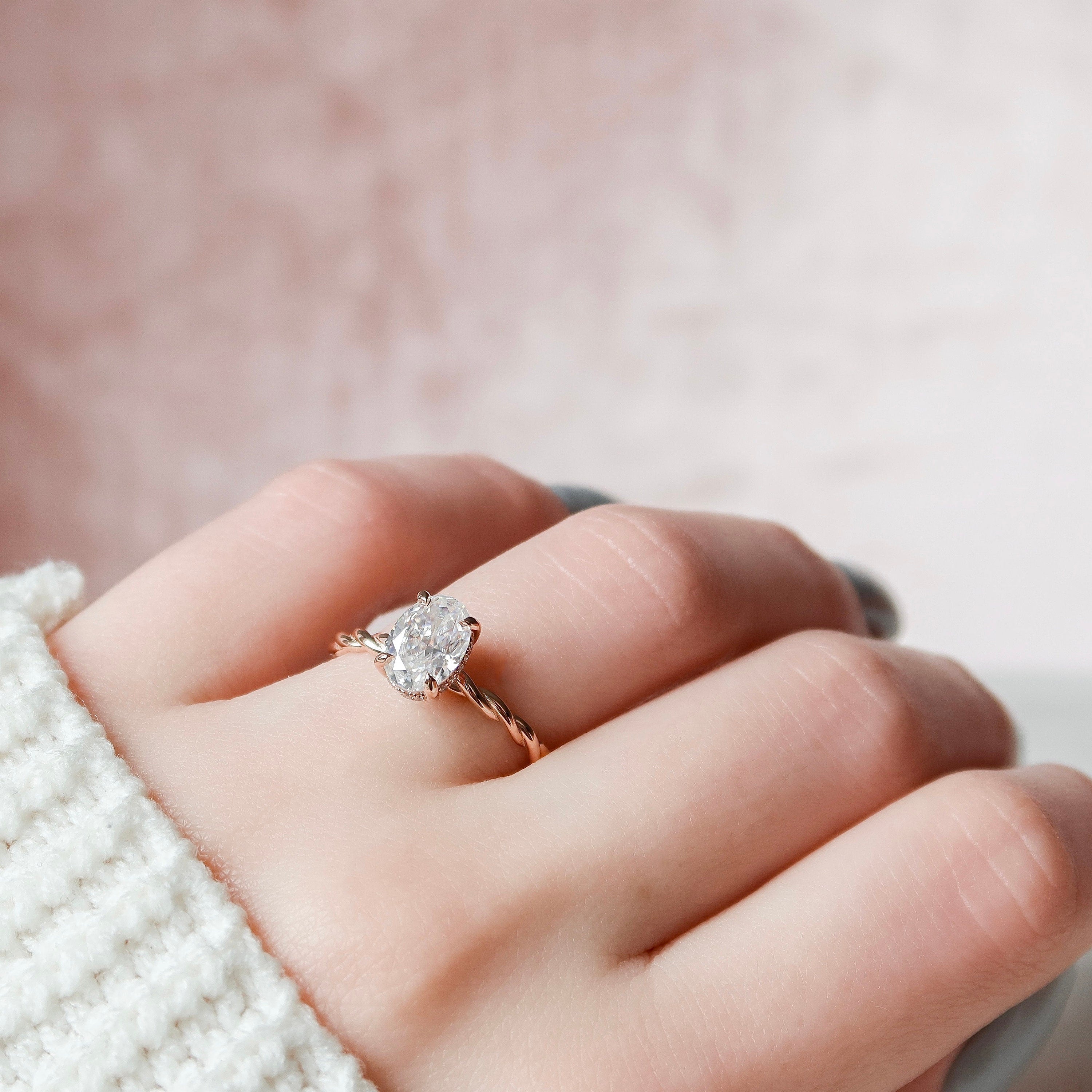 1.50CT Oval Braided Moissanite Diamond Hidden Halo Engagement Ring