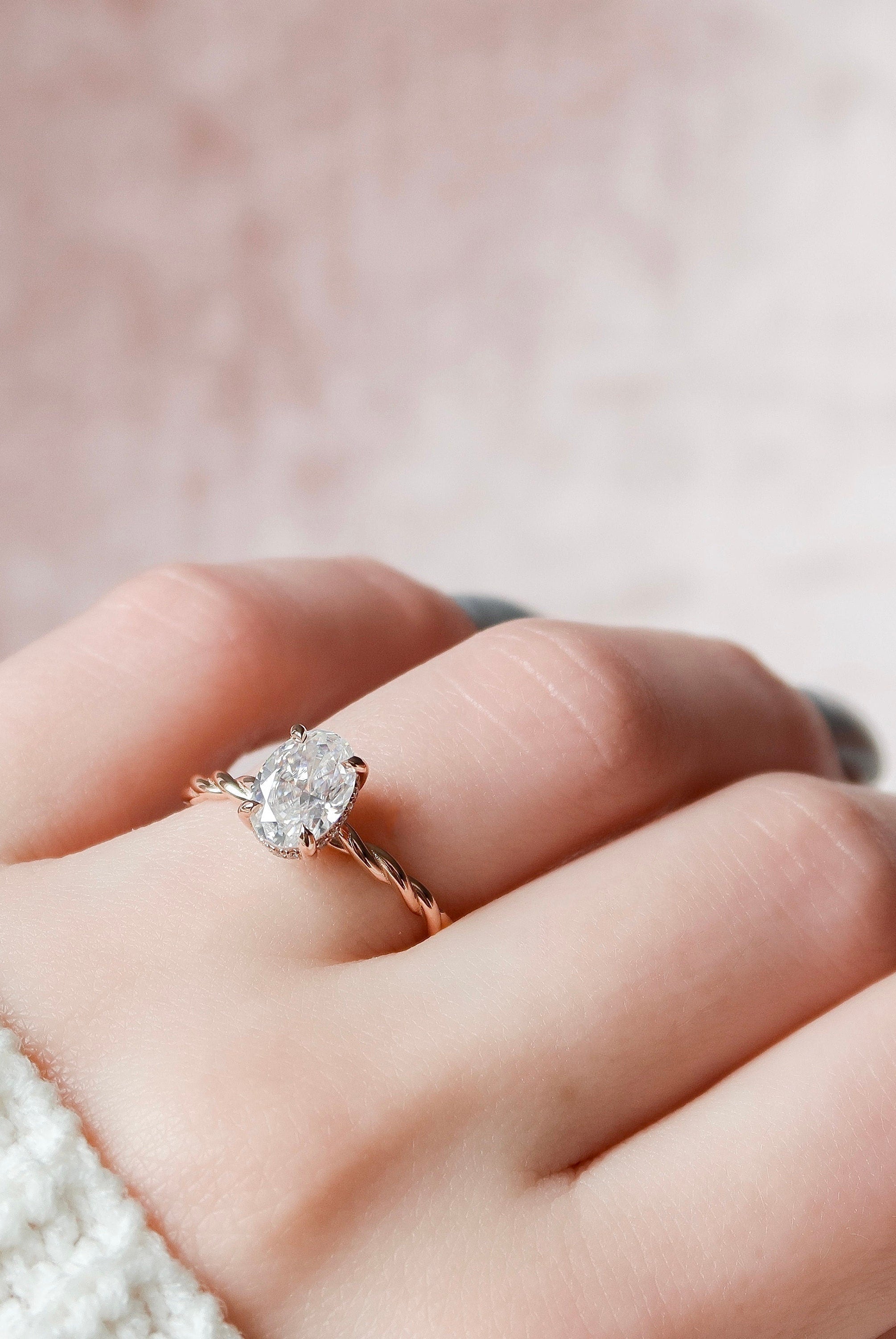 1.50CT Oval Braided Moissanite Diamond Hidden Halo Engagement Ring