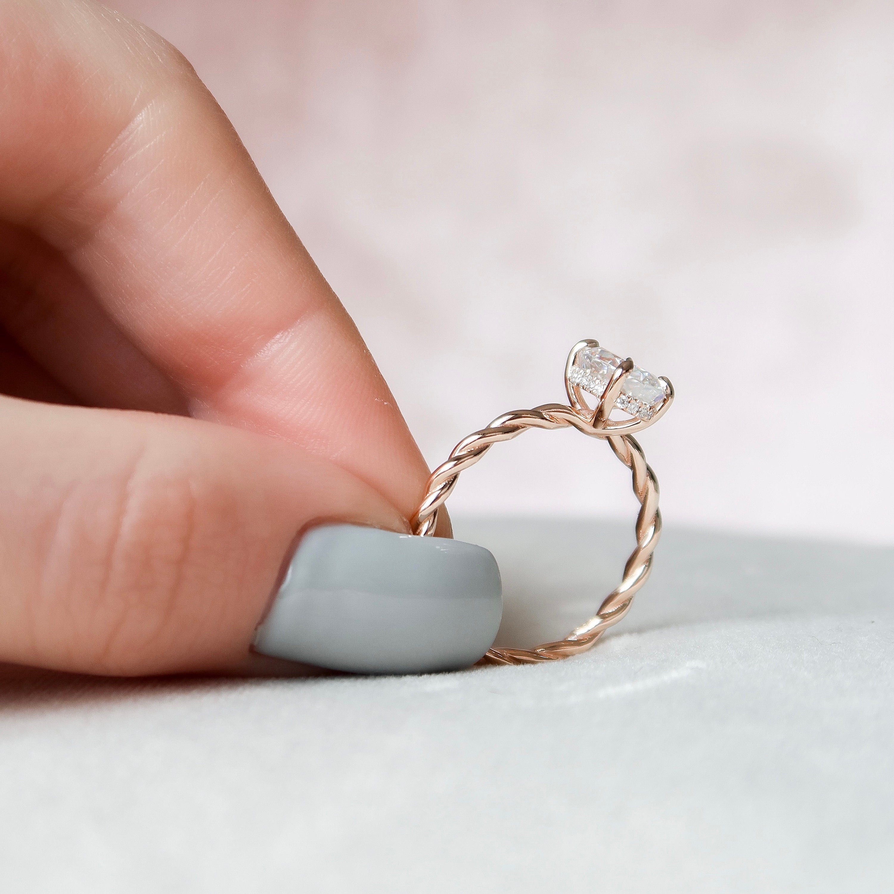 1.50CT Oval Braided Moissanite Diamond Hidden Halo Engagement Ring