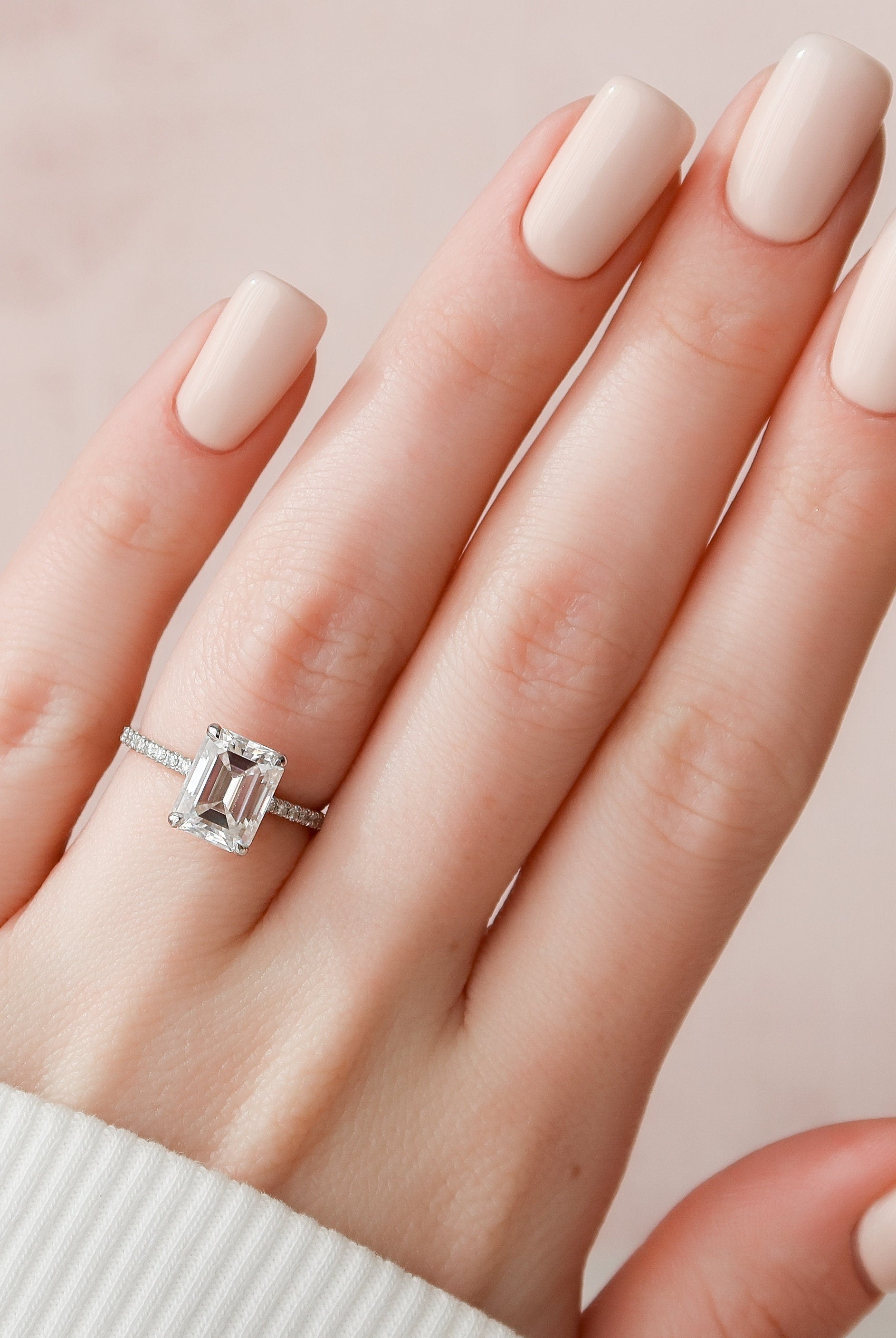 3.0CT Emerald Cut Pave Moissanite Diamond Hidden Halo Engagement Ring