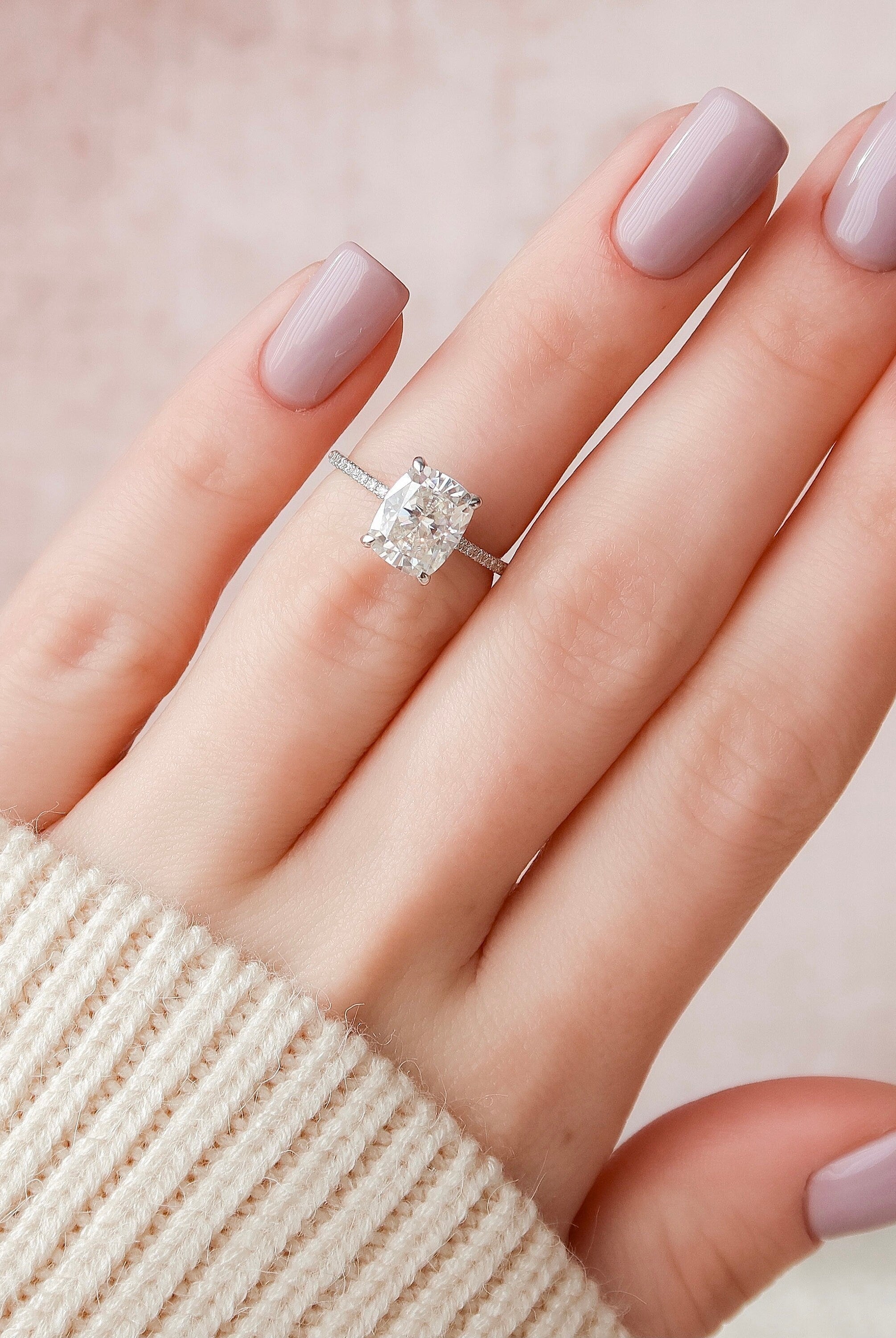 2.50CT Elongated Cushion Hidden Halo Moissanite Diamond Pave Engagement Ring