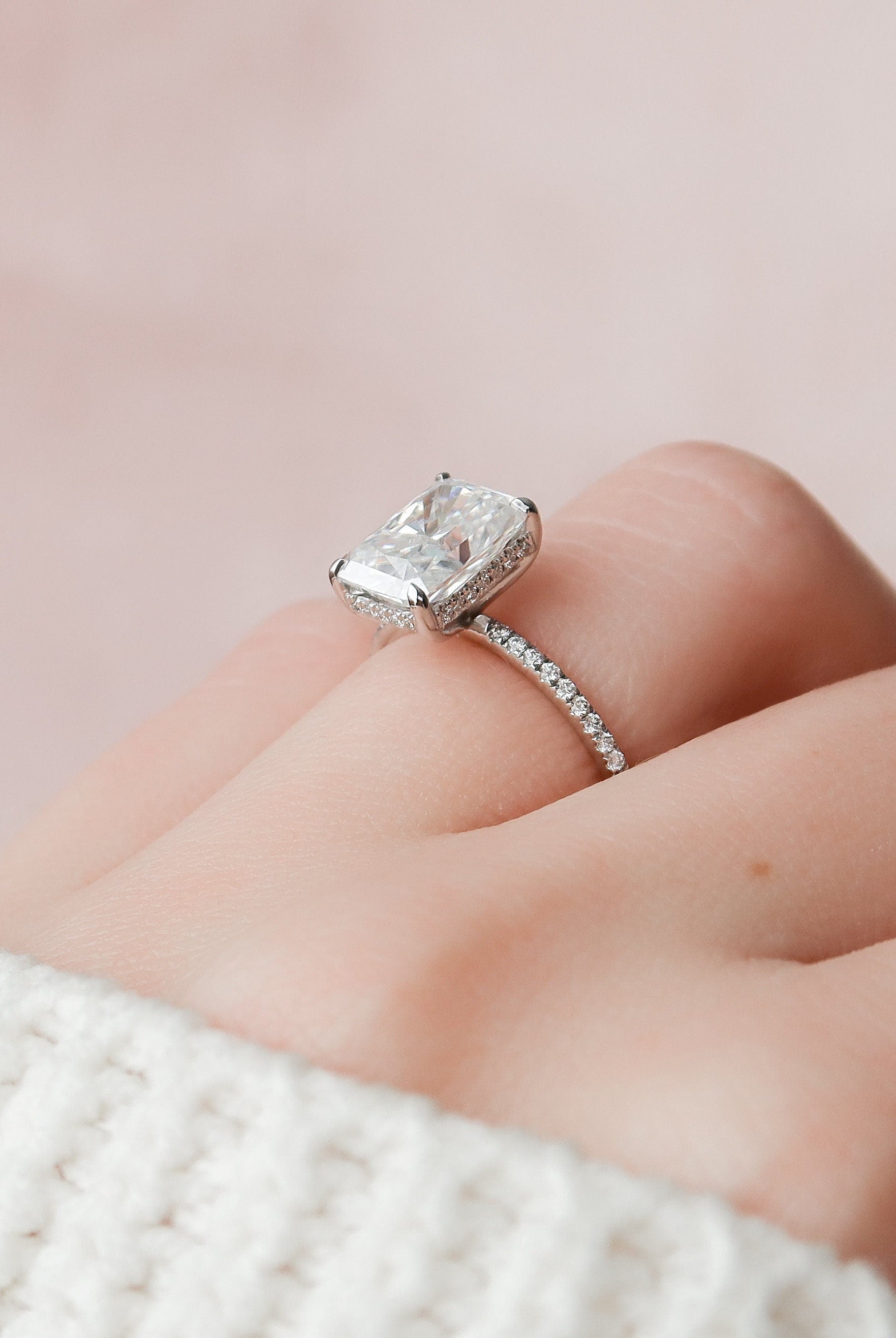 3.50CT Radiant Hidden Halo Moissanite Diamond Pave Engagement Ring