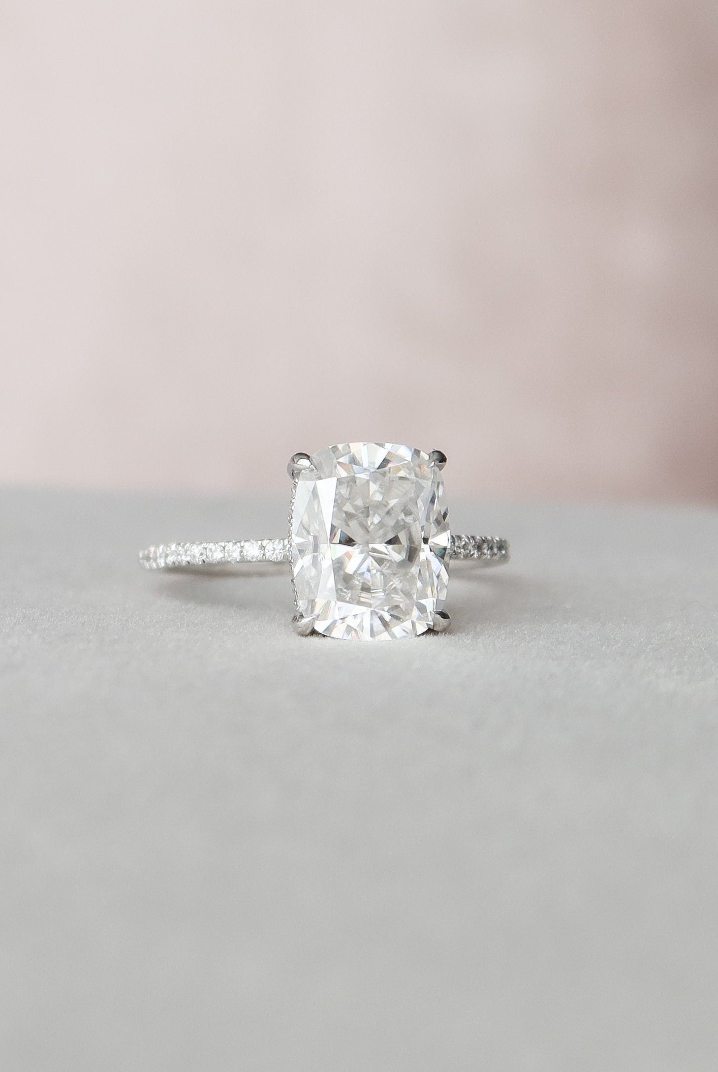 4.0CT Elongated Cushion Pave Moissanite Diamond Hidden Halo Engagement Ring