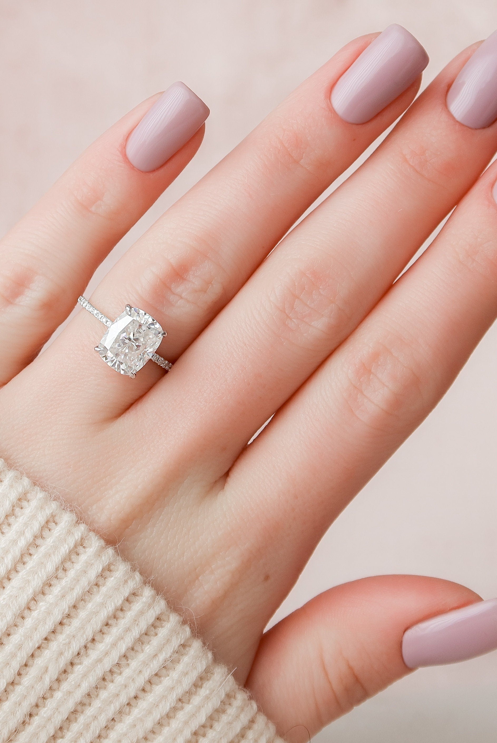 4.0CT Elongated Cushion Pave Moissanite Diamond Hidden Halo Engagement Ring