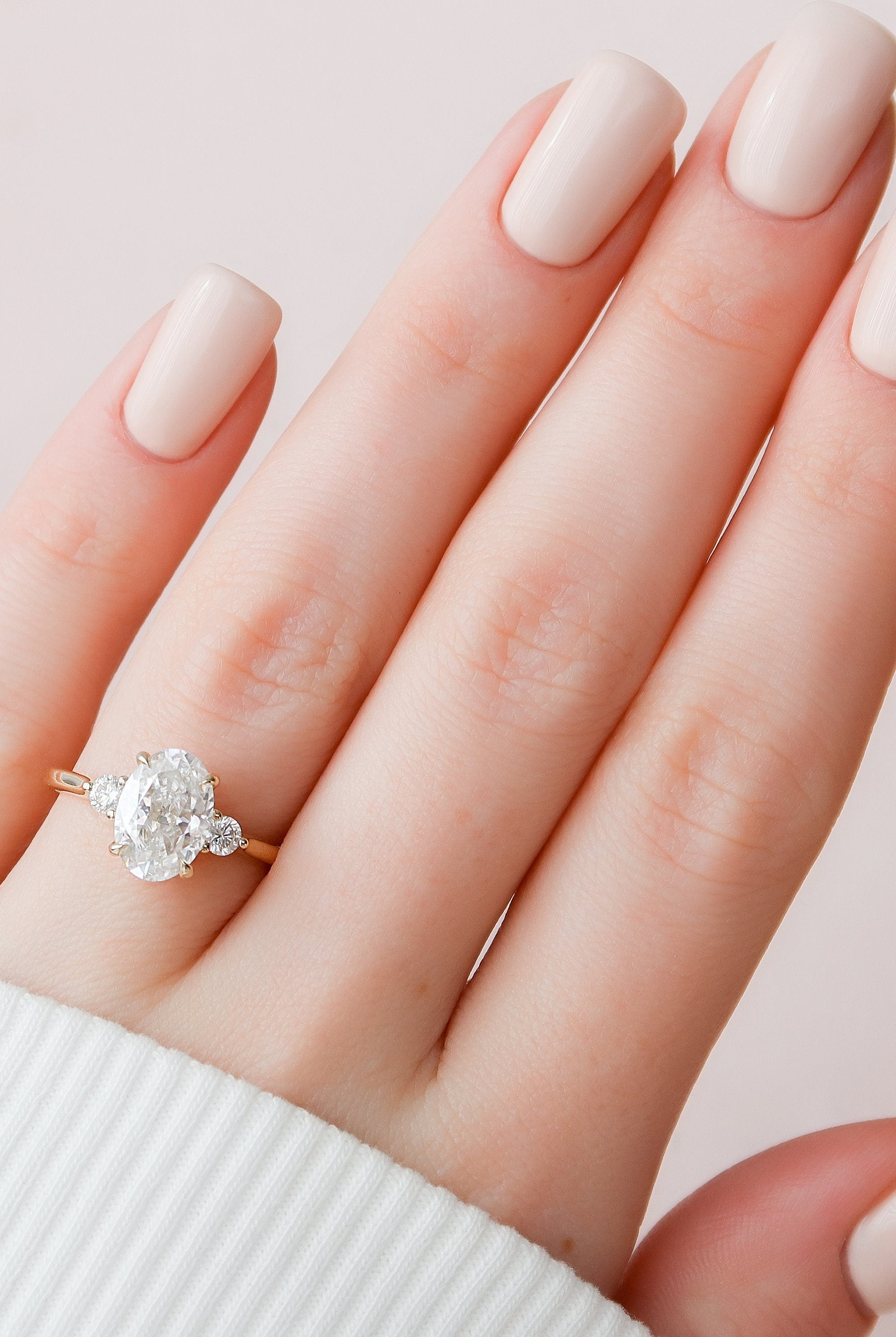 2.0CT Elongated Oval Three Stone Moissanite Diamond Hidden Halo Engagement Ring