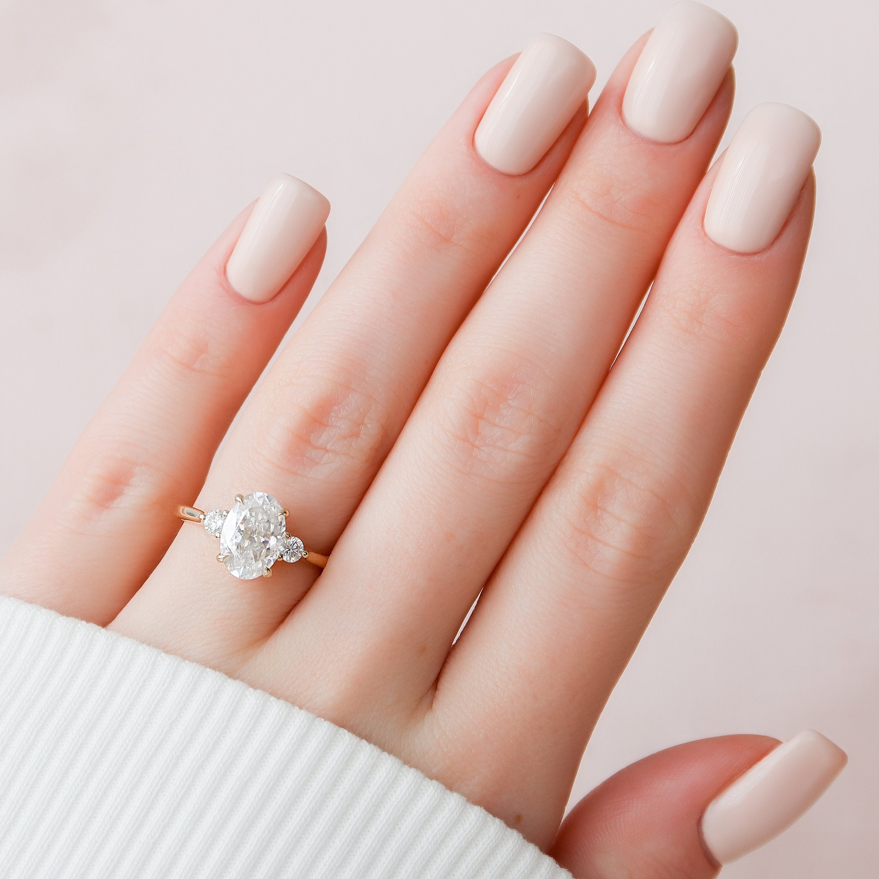 2.0CT Elongated Oval Three Stone Moissanite Diamond Hidden Halo Engagement Ring