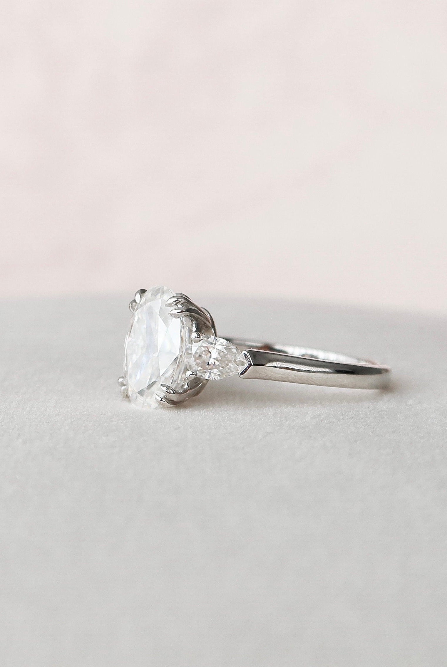 3.5CT Oval Three Stone Moissanite Diamond Two Claw Prong Engagement Ring