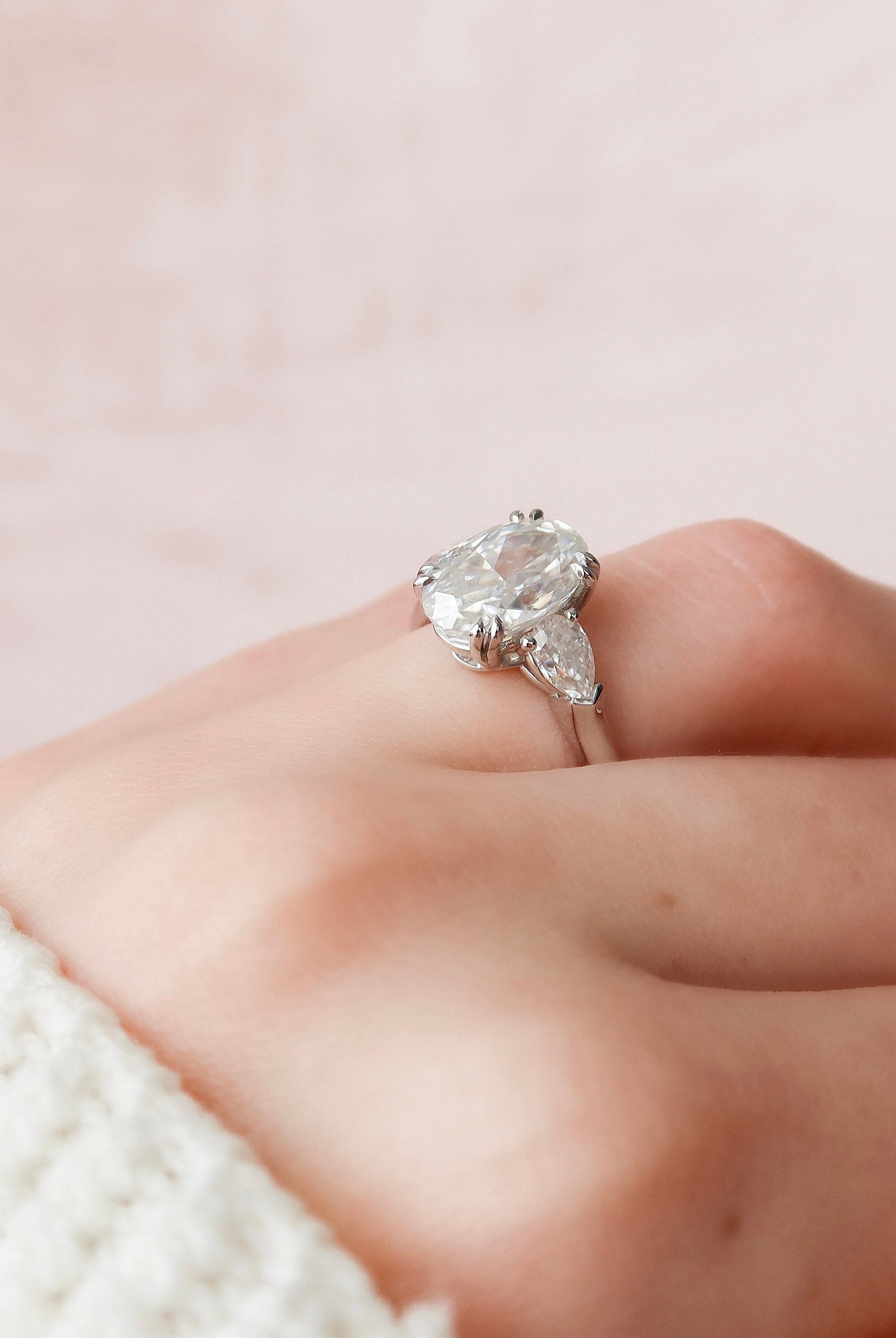 3.5CT Oval Three Stone Moissanite Diamond Two Claw Prong Engagement Ring