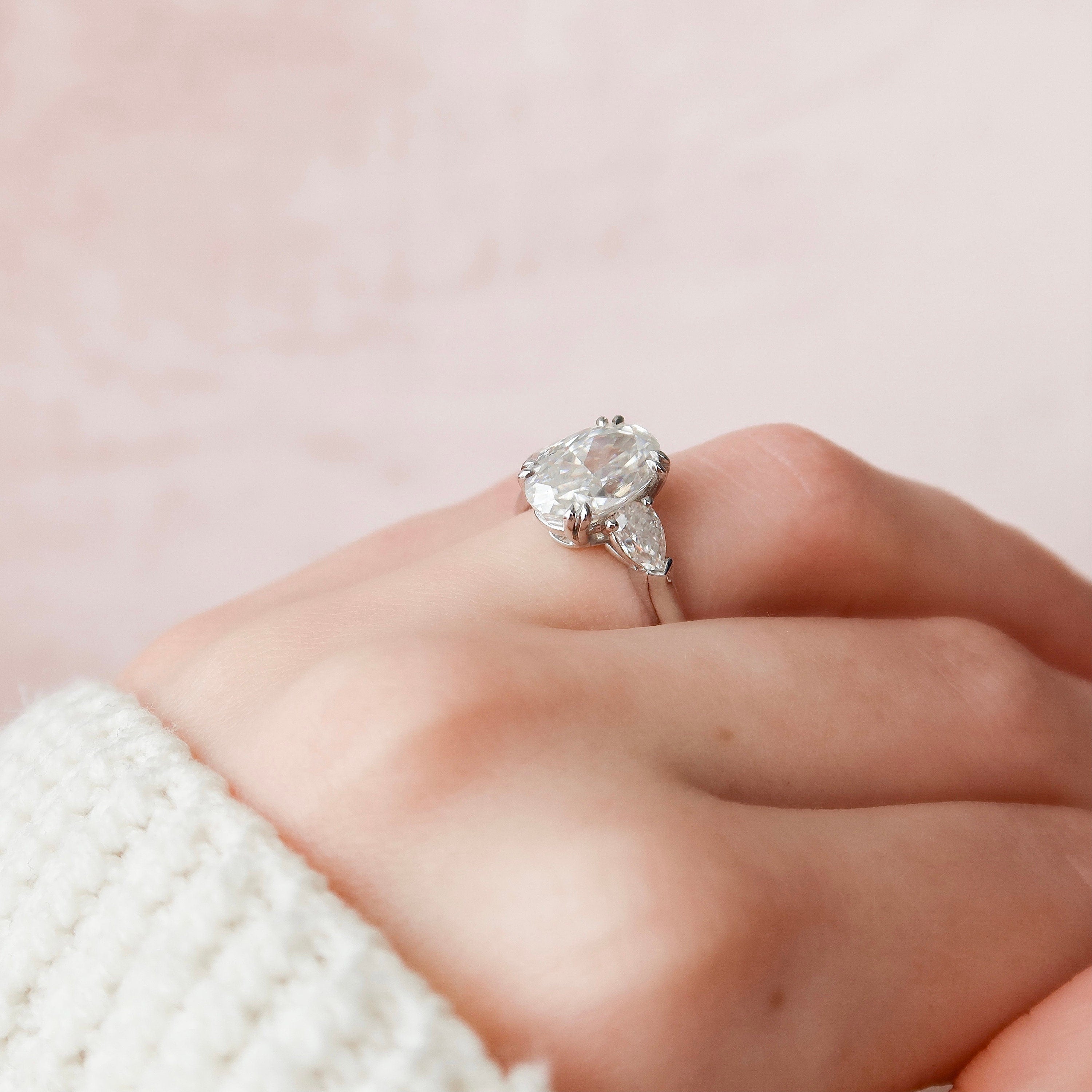 3.5CT Oval Three Stone Moissanite Diamond Two Claw Prong Engagement Ring