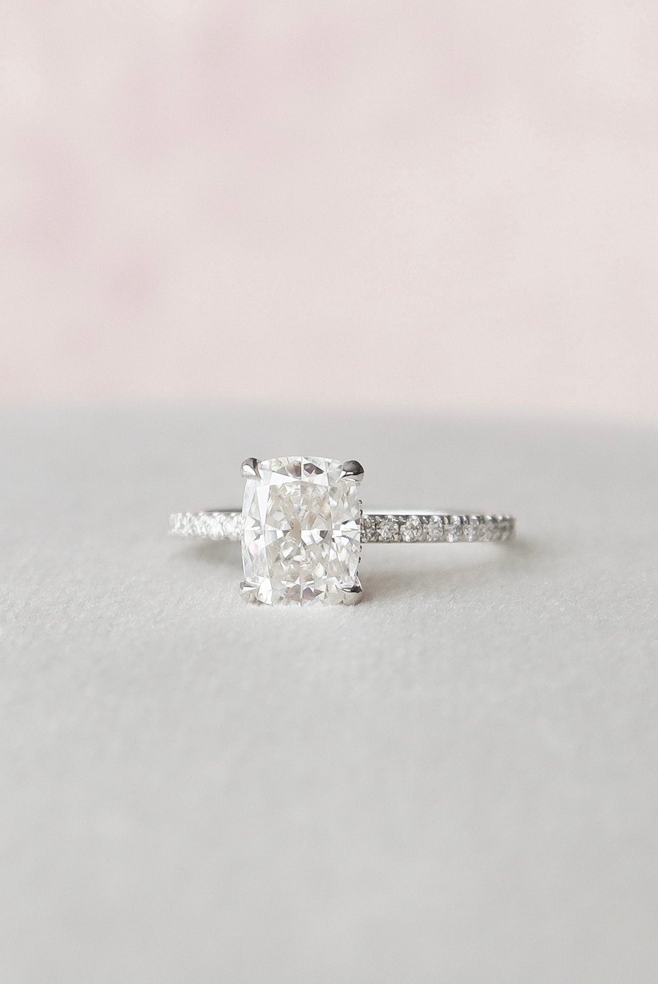 1.50CT Cushion Pave Moissanite Diamond Hidden Halo Engagement Ring In Solid Gold