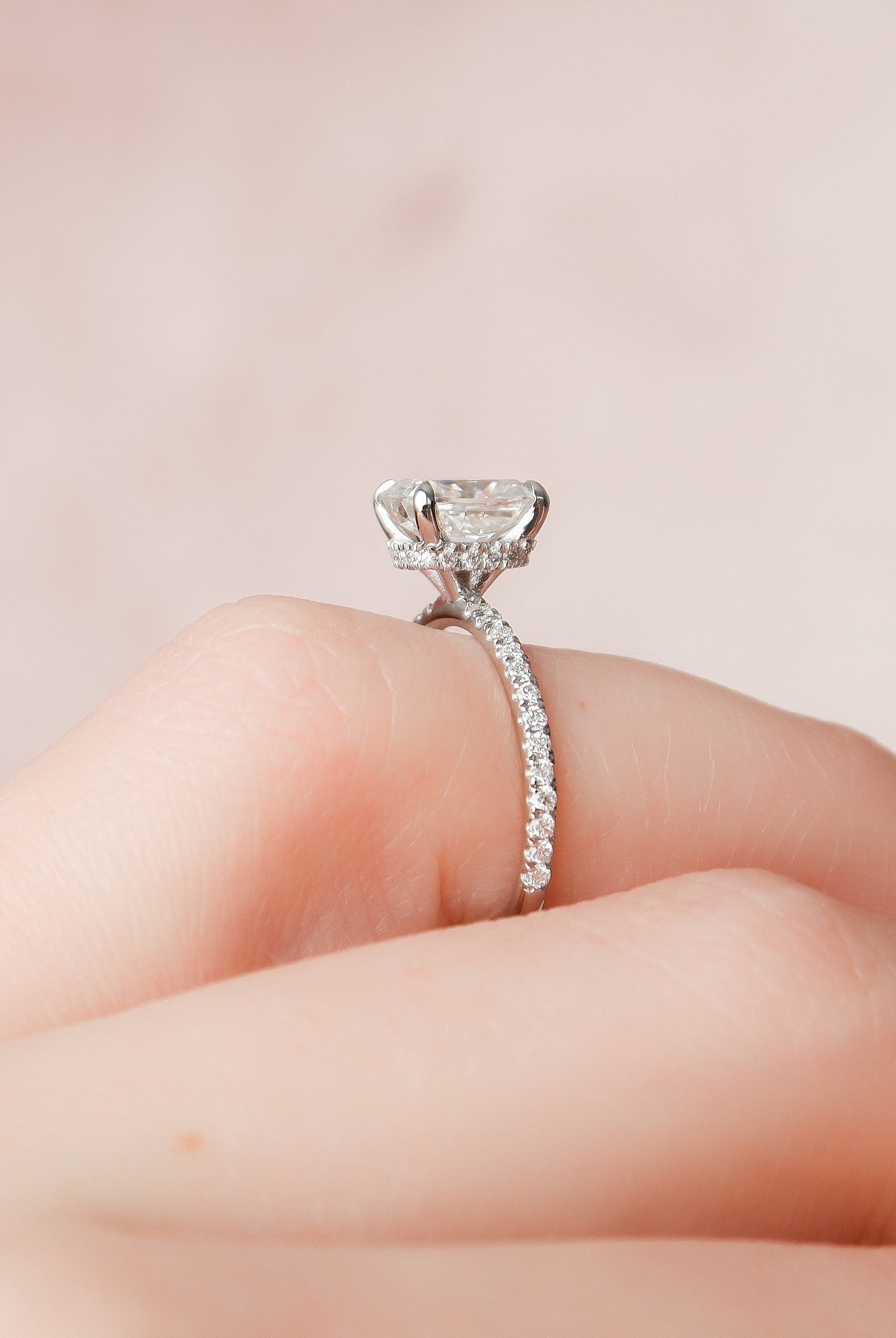 1.50CT Cushion Pave Moissanite Diamond Hidden Halo Engagement Ring In Solid Gold
