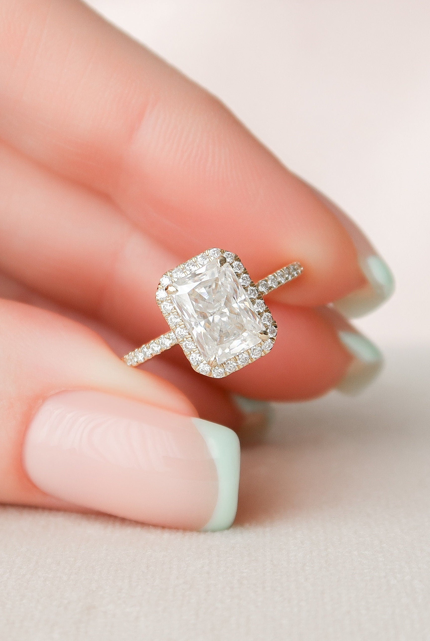 2.0CT Radiant Pave Moissanite Diamond Halo Engagement Ring