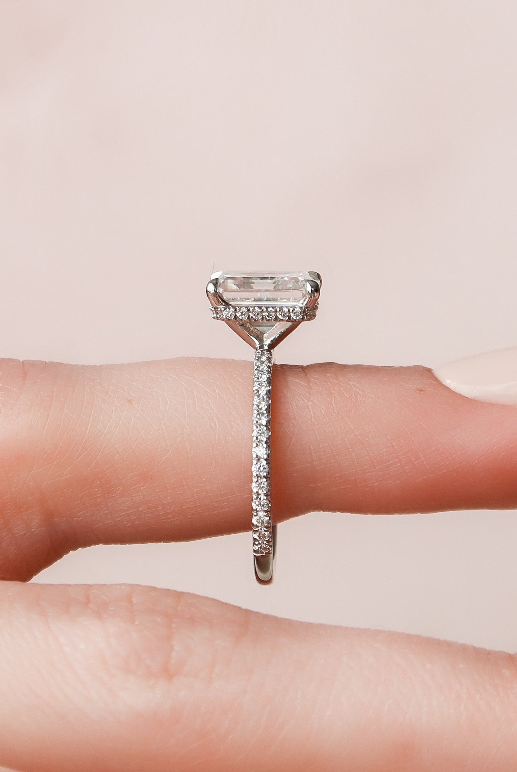 2.50CT Emerald Cut Hidden Halo Moissanite Diamond Pave Engagement Ring