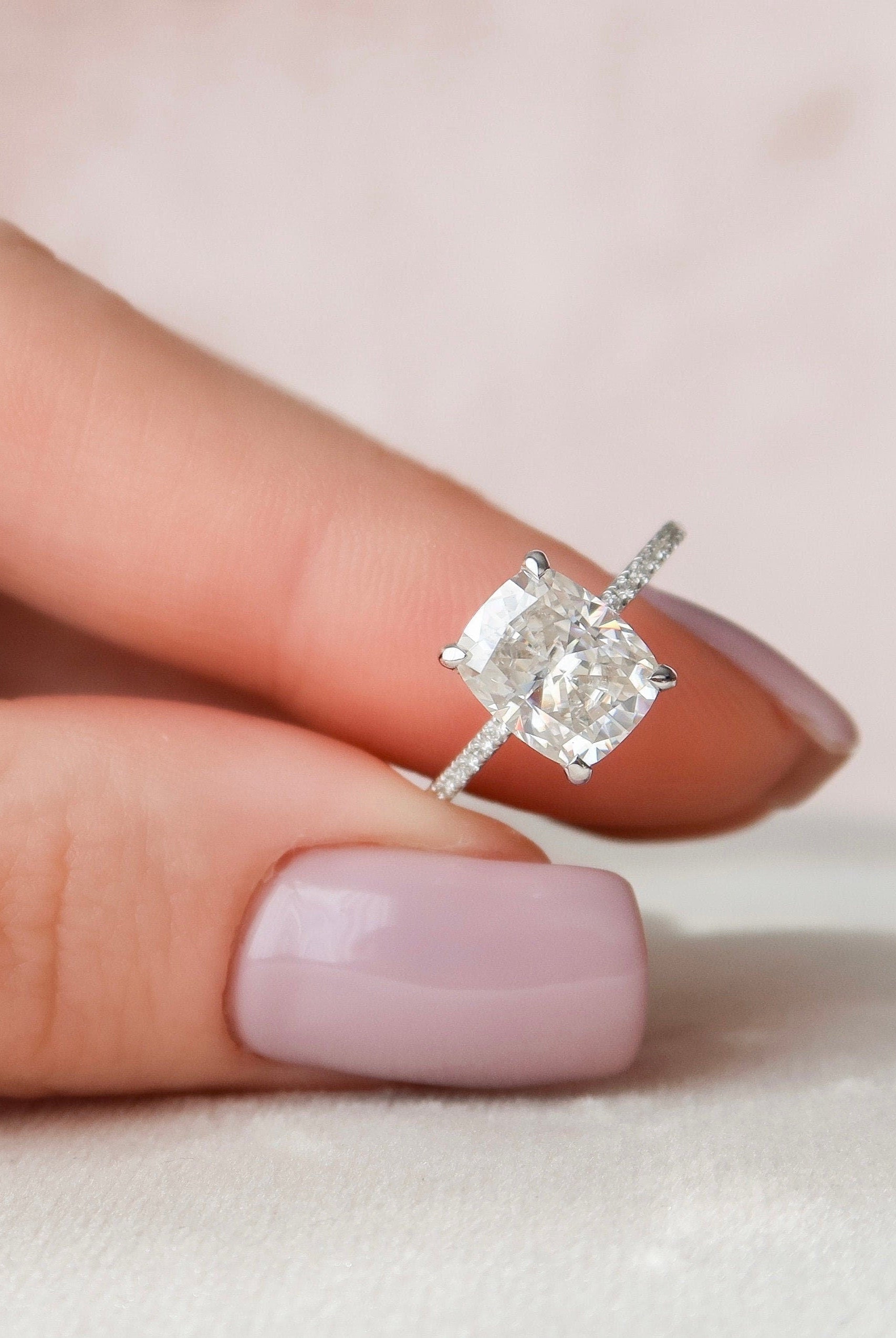 2.50CT Elongated Cushion Hidden Halo Moissanite Diamond Pave Engagement Ring
