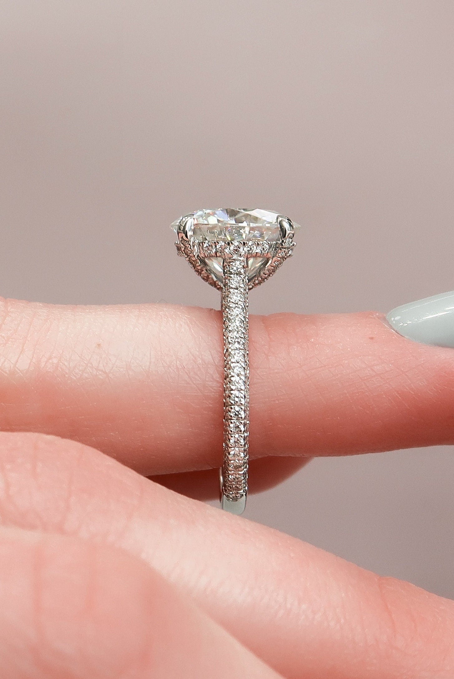 5.0CT Cathedral Set Round Three Sided Pave Moissanite Diamond Engagement Ring
