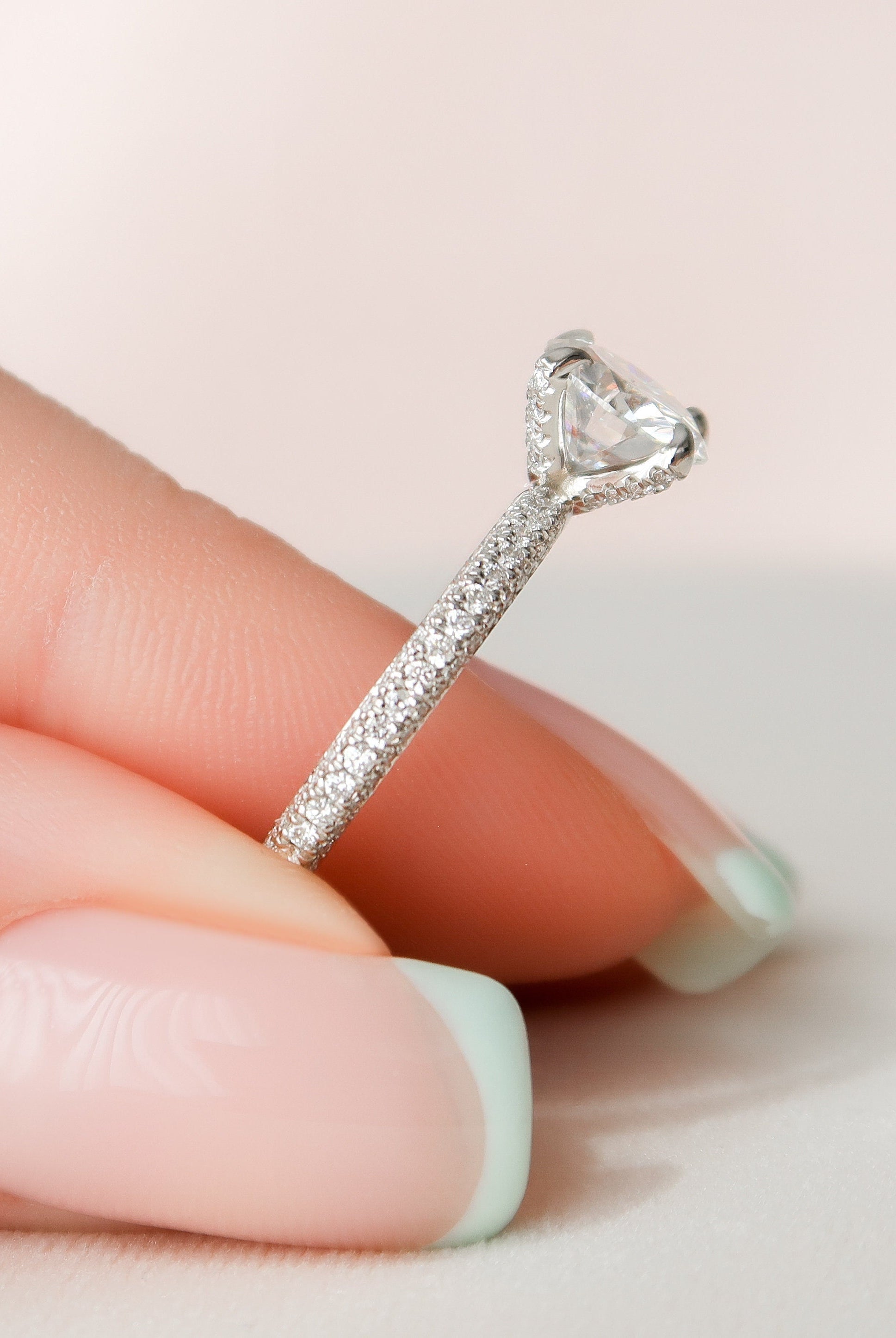 1.50CT Round Three Sided Pave Moissanite Diamond Engagement Ring In Solid Gold