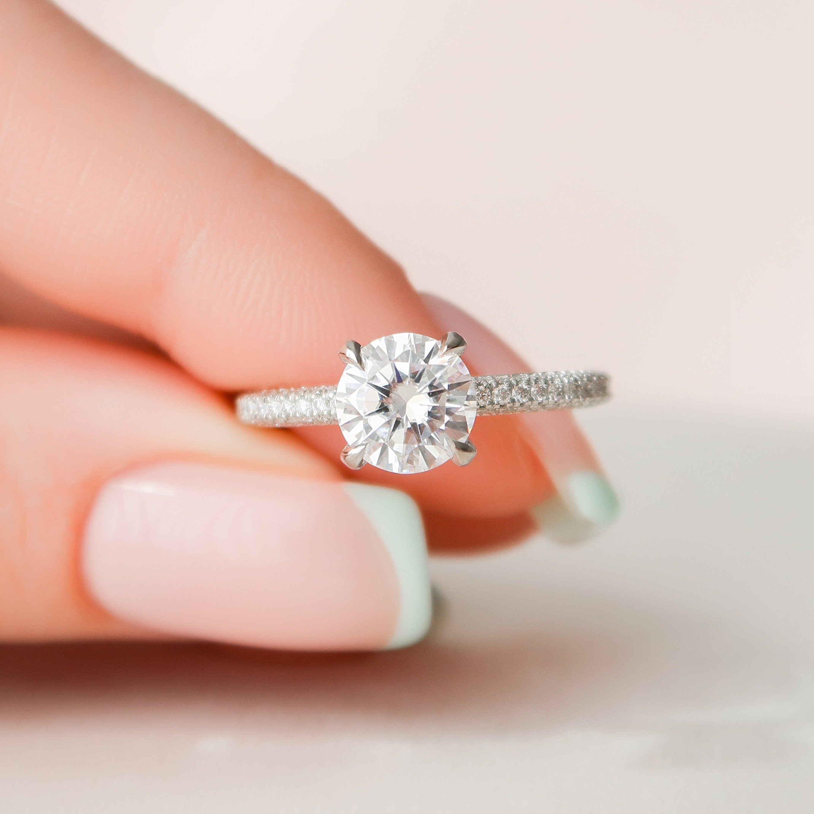 1.50CT Round Three Sided Pave Moissanite Diamond Engagement Ring In Solid Gold
