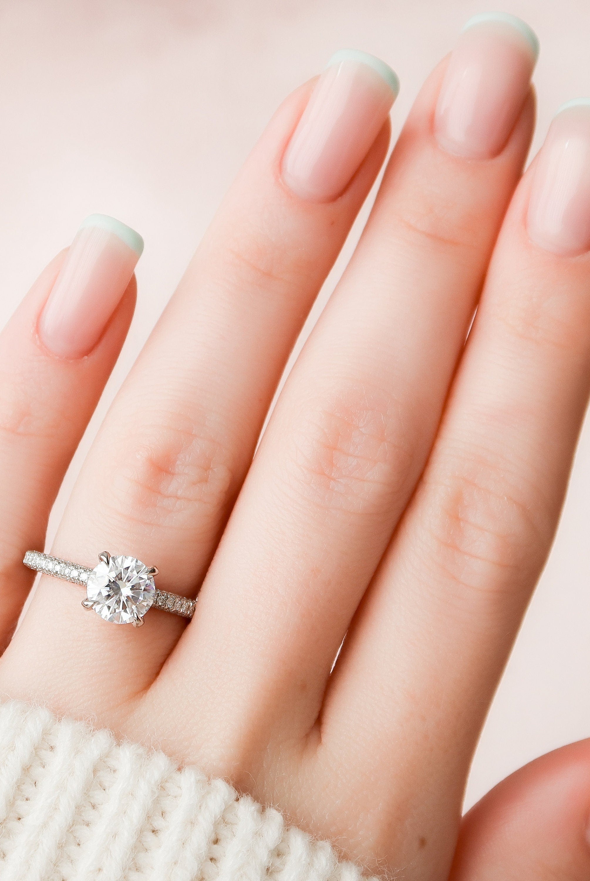 1.50CT Round Three Sided Pave Moissanite Diamond Engagement Ring In Solid Gold